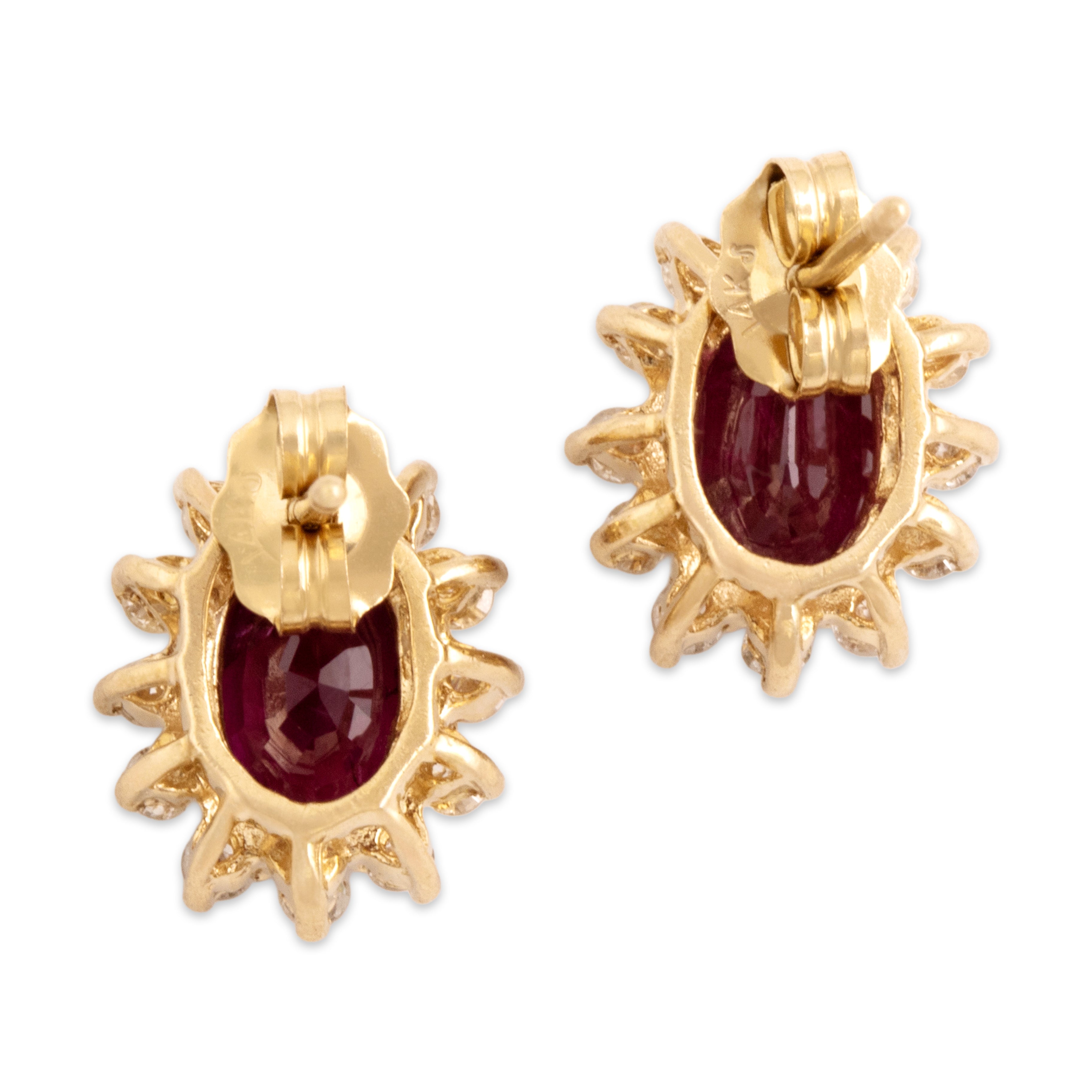 Vintage 14k Yellow Gold 1.65cttw Ruby Diamond Halo Stud Earrings - Back view