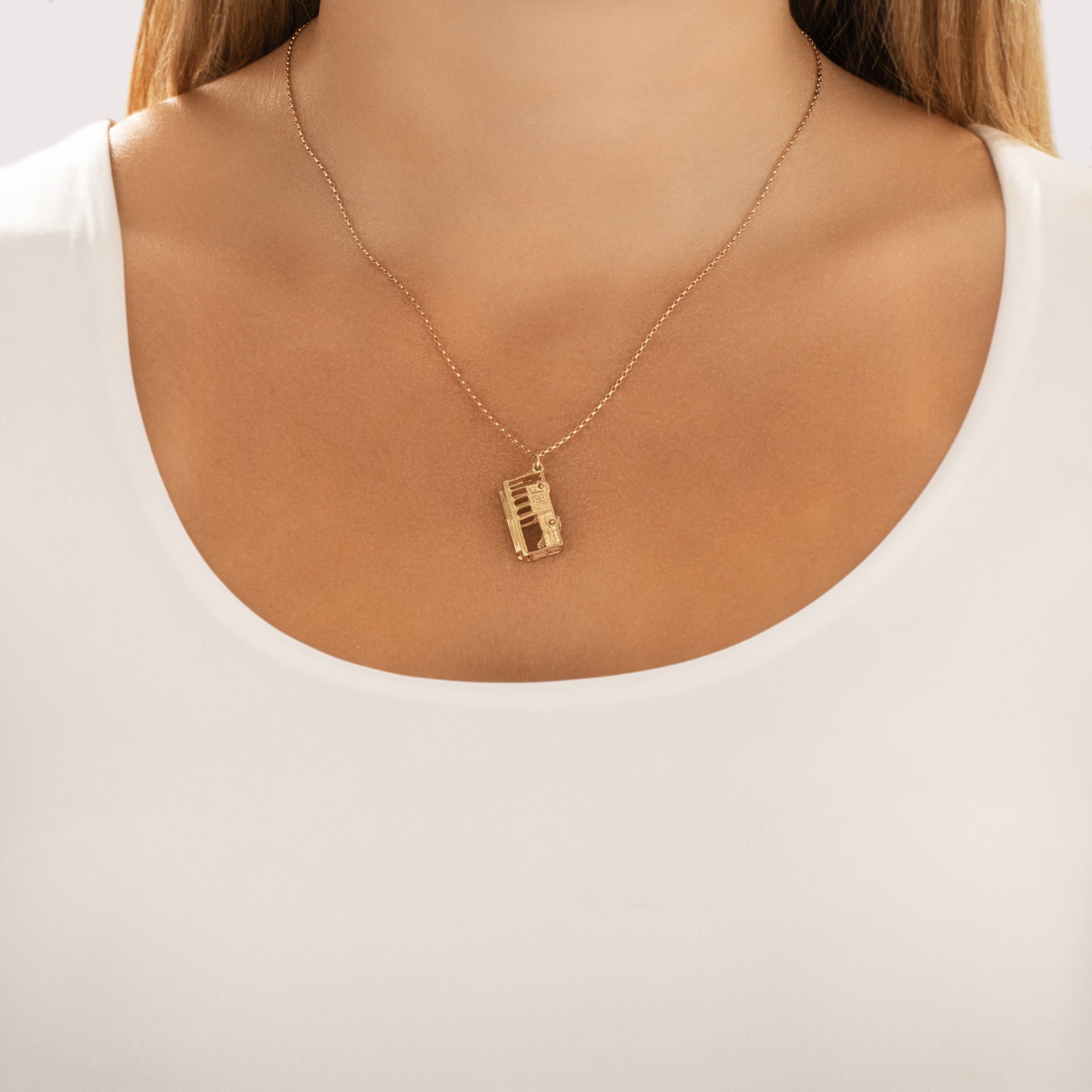 Vintage 14k Yellow Gold Articulated San Francisco Cable Car Charm / Pendant - On model view
