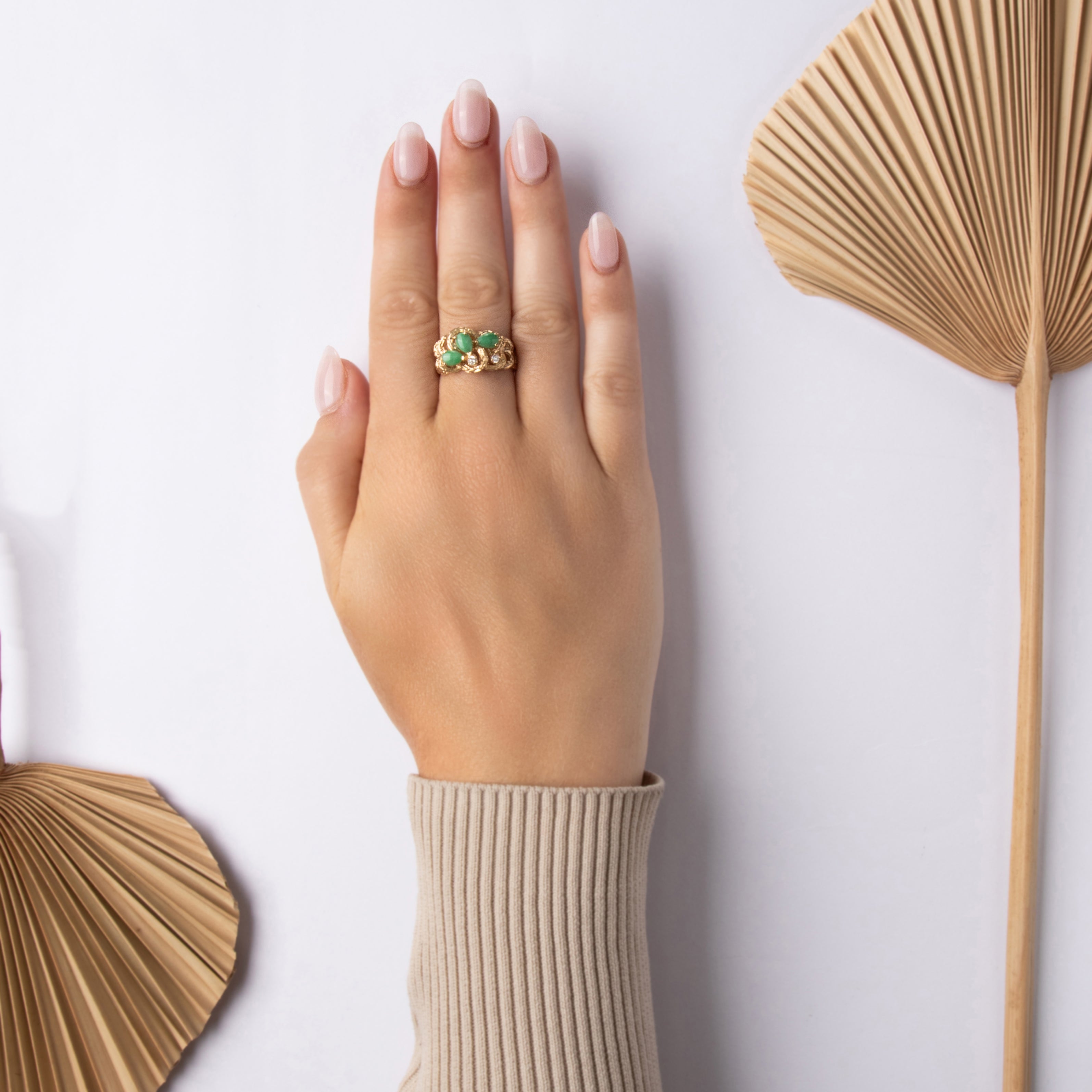 Vintage 14k Yellow Gold .64cttw Jade Diamond Striking Textured Looping Brutalist Cluster Ring - On model view