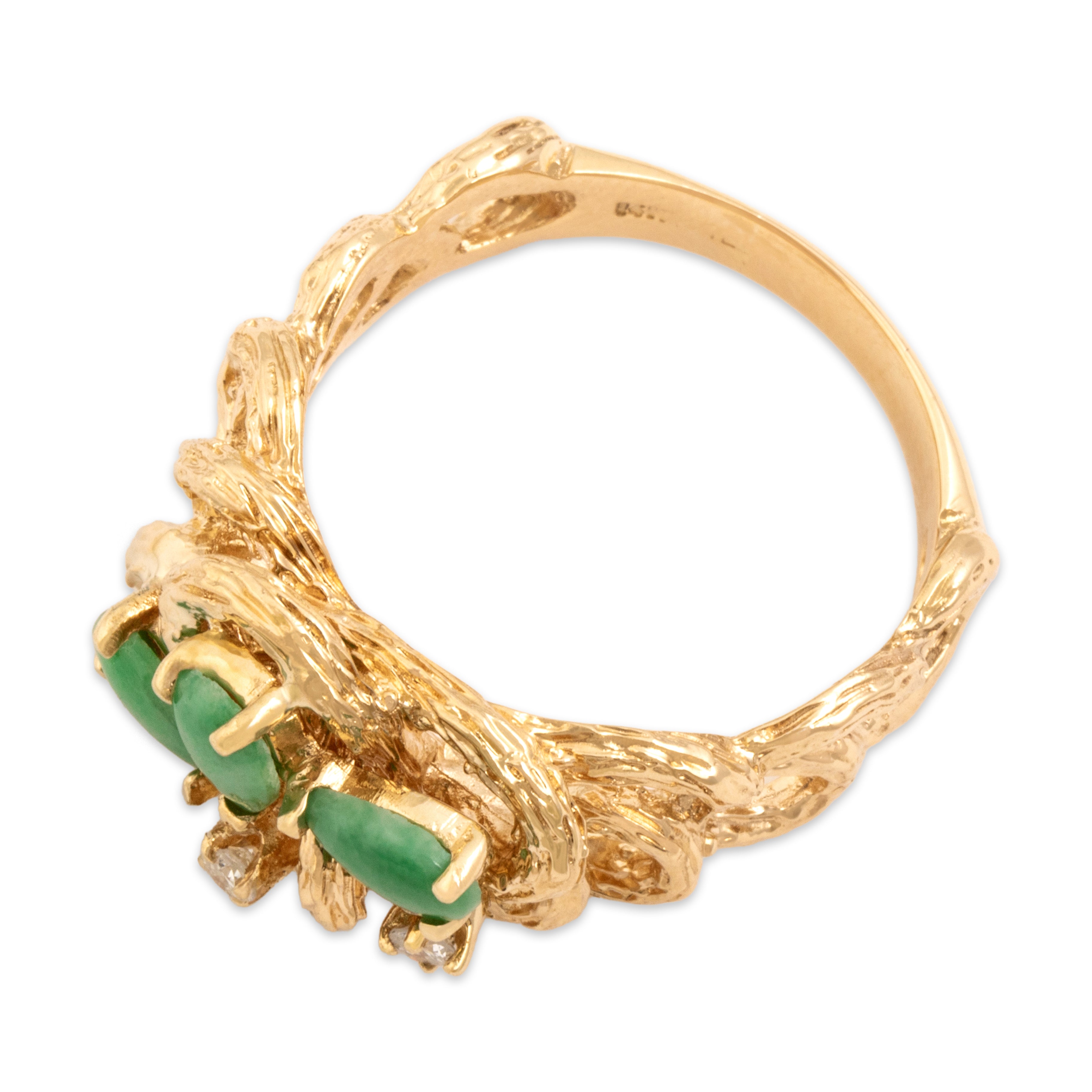 Vintage 14k Yellow Gold .64cttw Jade Diamond Striking Textured Looping Brutalist Cluster Ring - Overall view