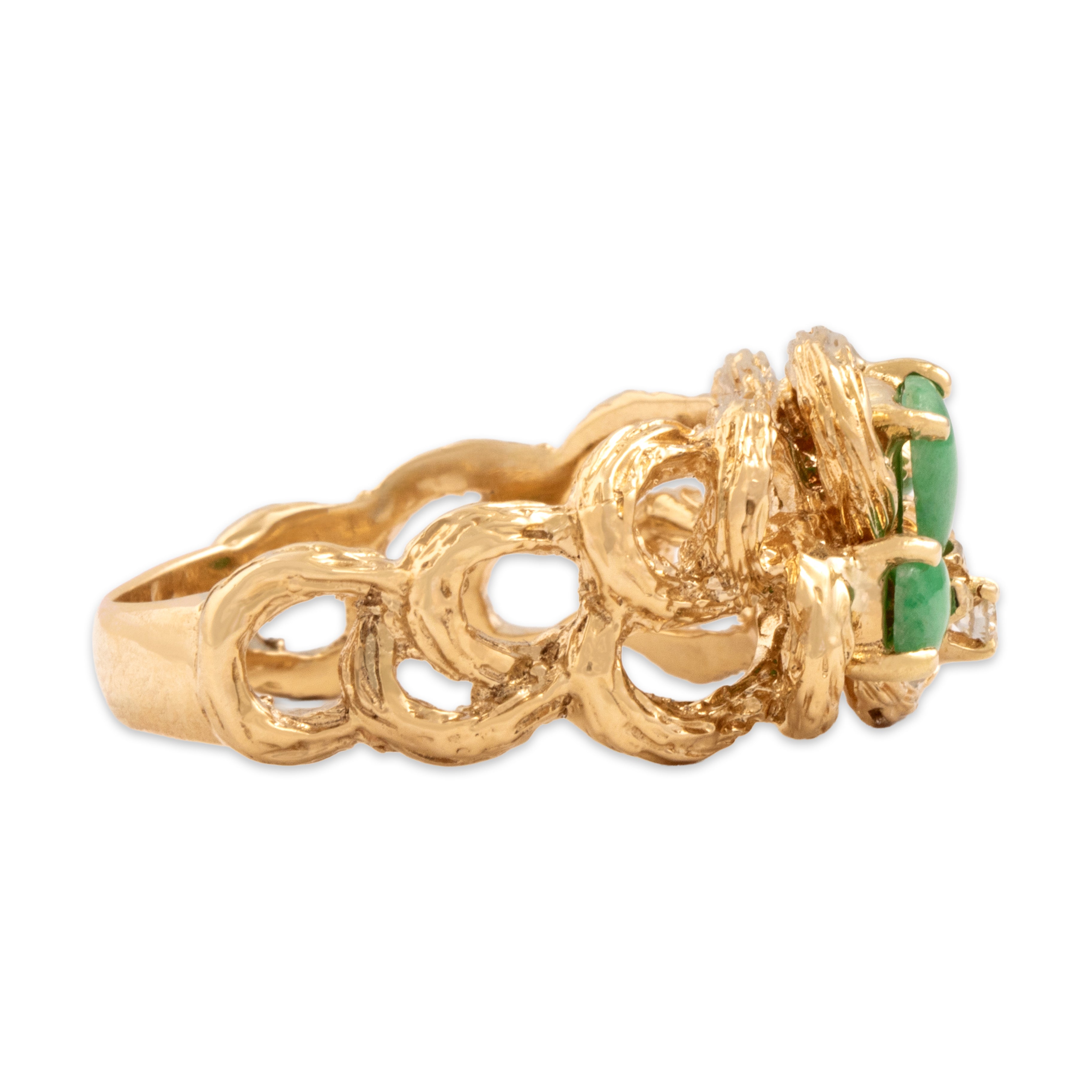 Vintage 14k Yellow Gold .64cttw Jade Diamond Striking Textured Looping Brutalist Cluster Ring - Side view