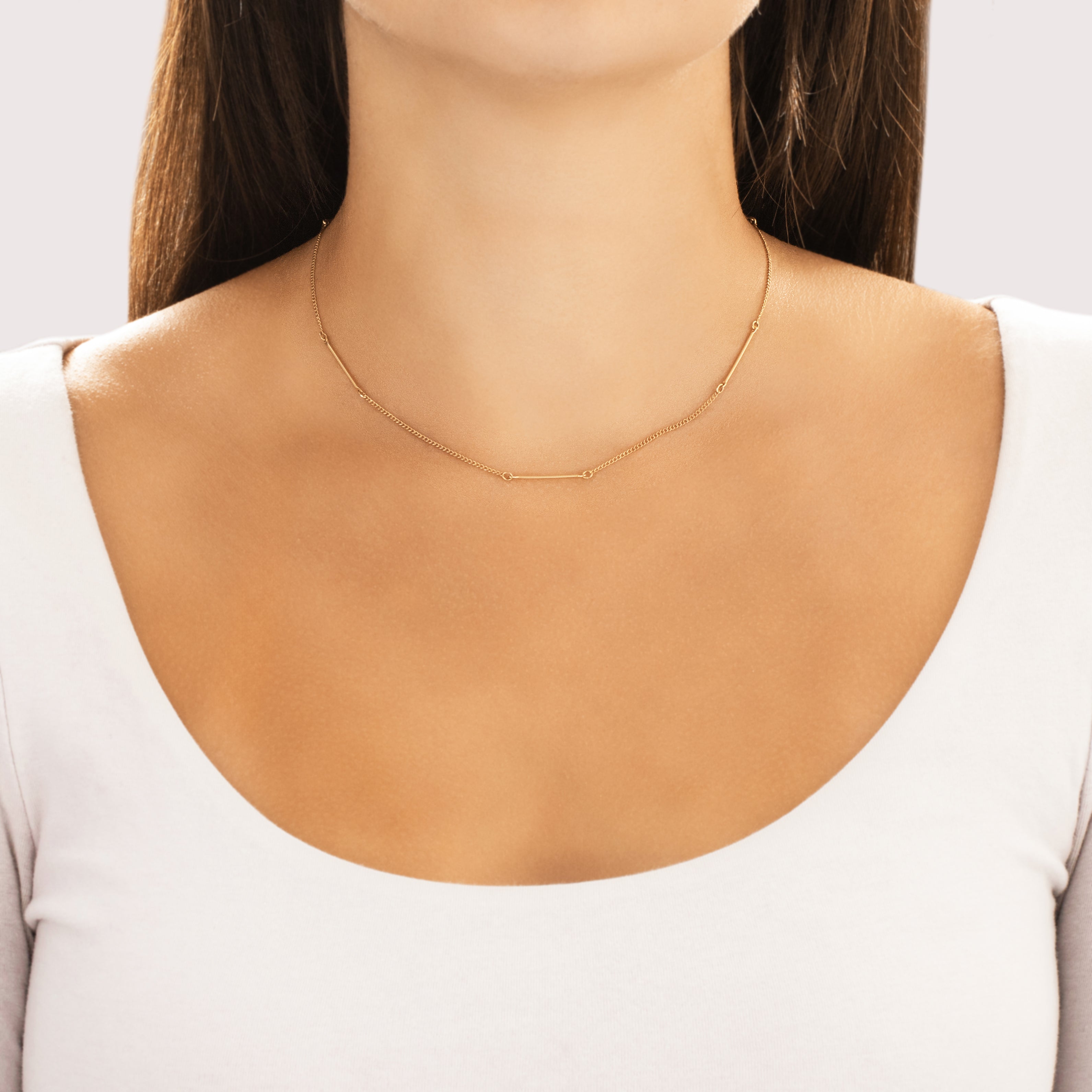 Vintage 14k Yellow Gold 1.2mm (Chain), 1mm (Bar Link) Lovely Dainty Bar Link Chain - On model view