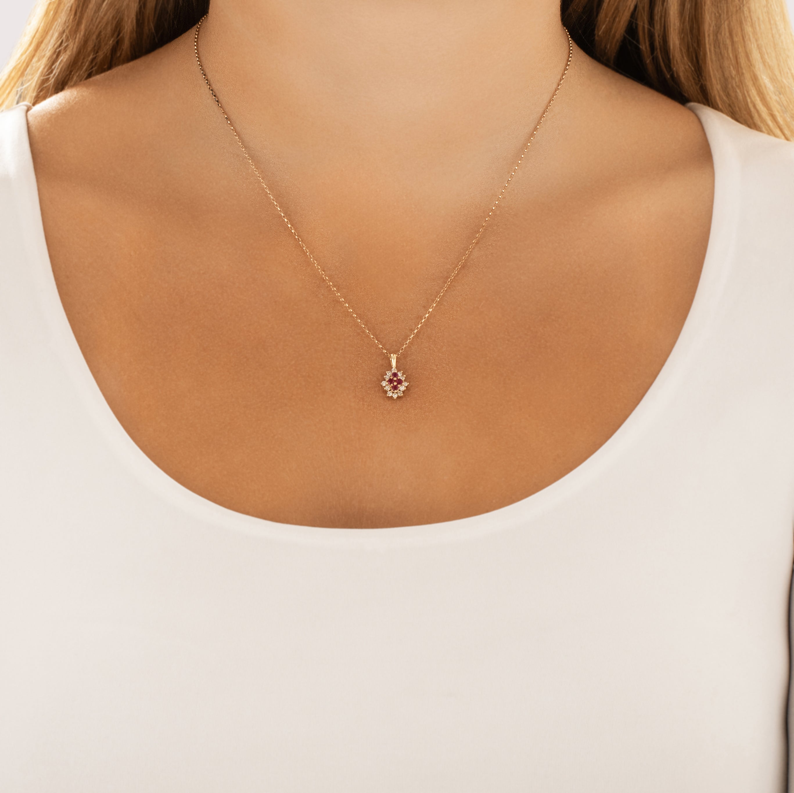 Vintage Small 14k Yellow Gold Ruby Diamond Bright Quatrefoil Cluster Pendant - On model view