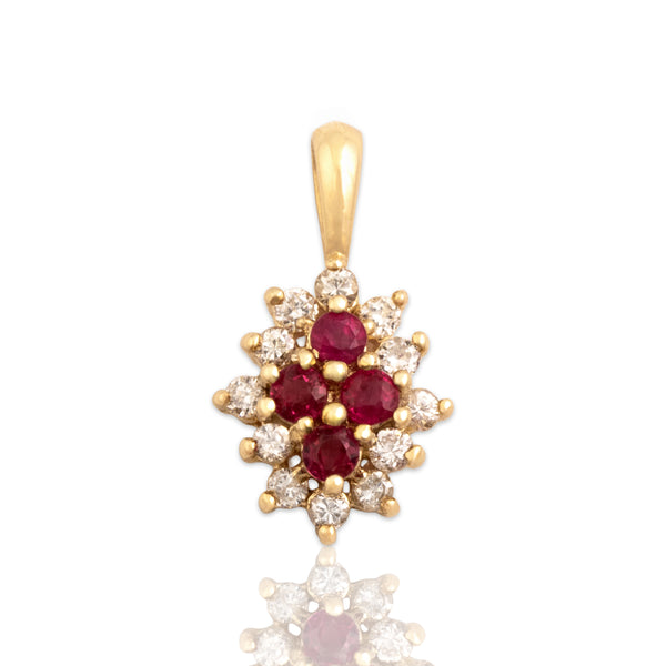 Vintage Small 14k Yellow Gold Ruby Diamond Bright Quatrefoil Cluster Pendant