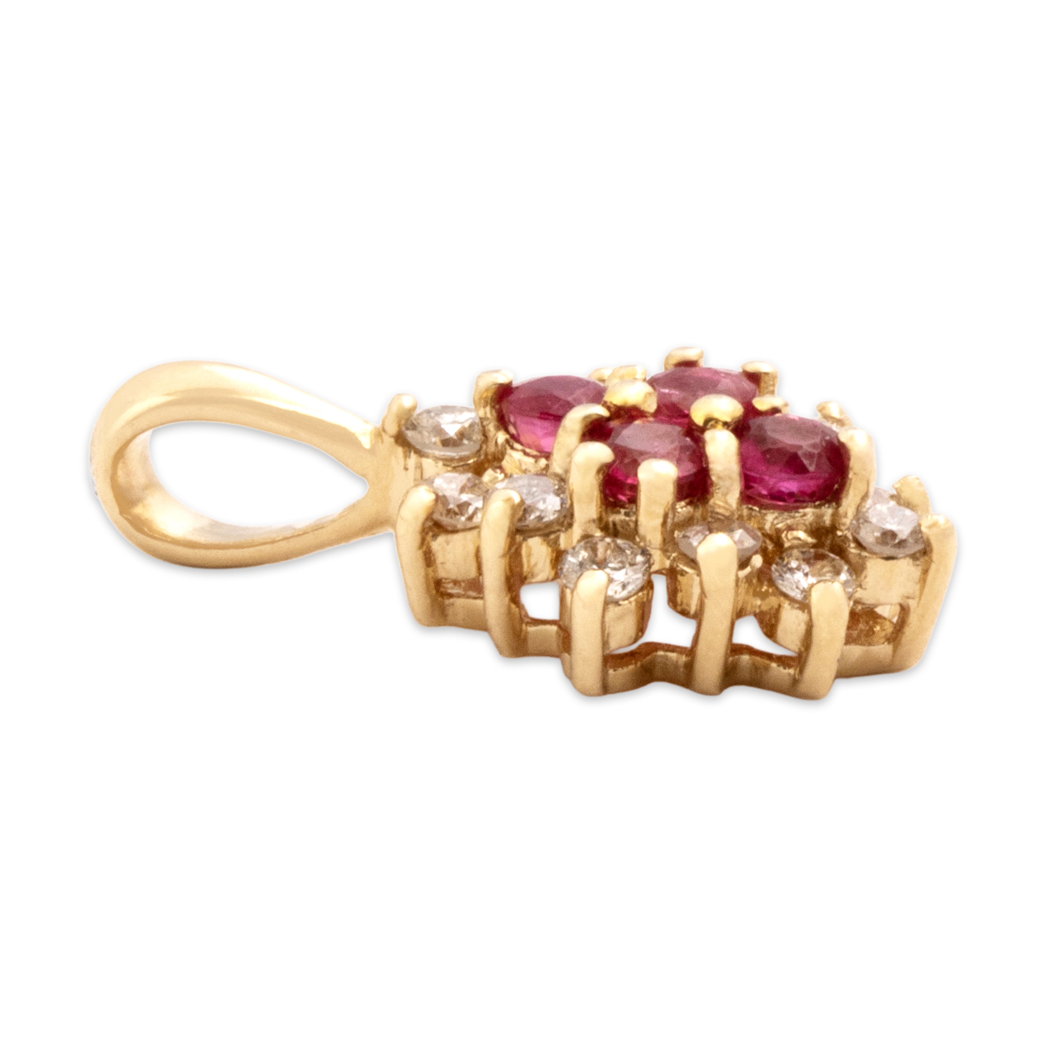 Vintage Small 14k Yellow Gold Ruby Diamond Bright Quatrefoil Cluster Pendant - Side view