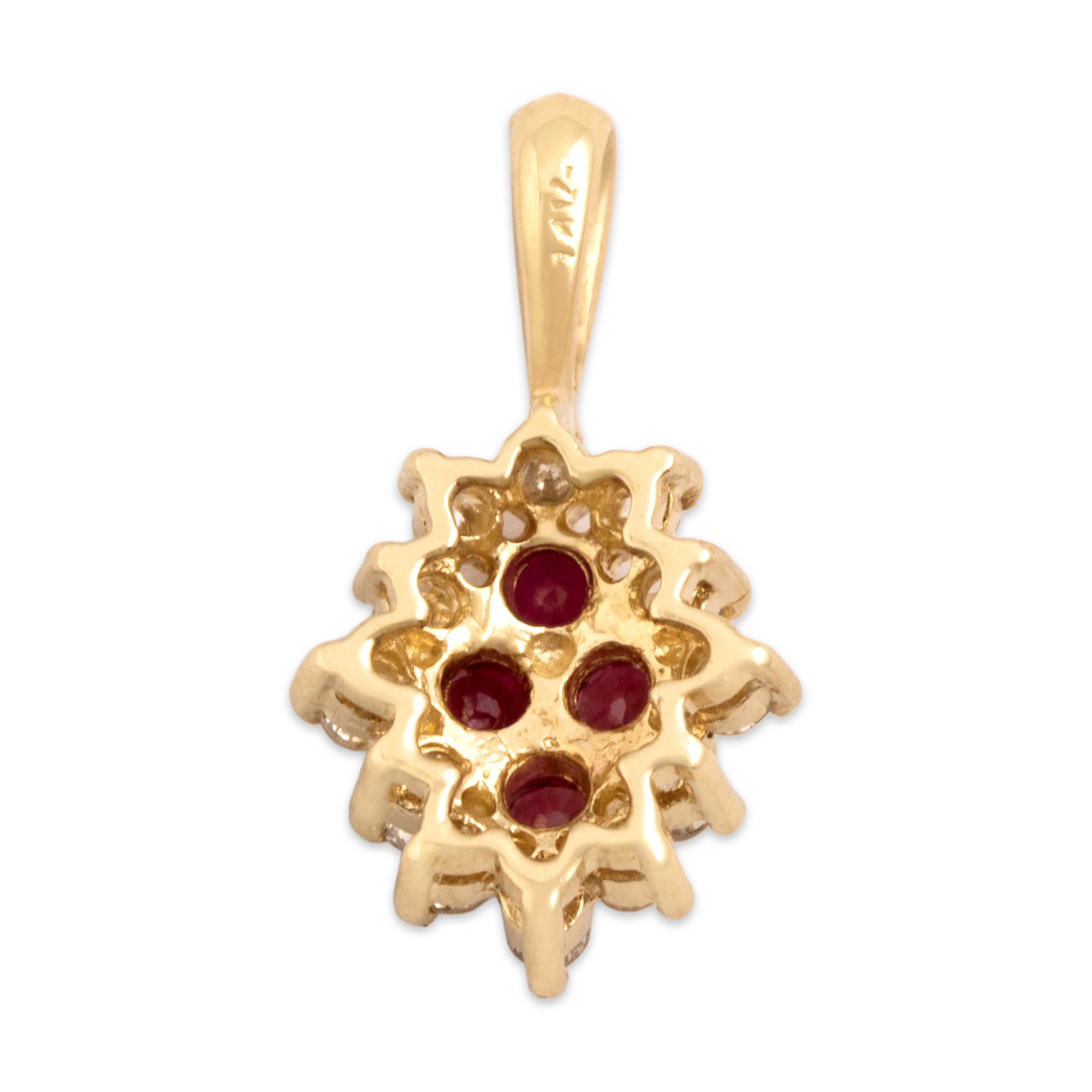 Vintage Small 14k Yellow Gold Ruby Diamond Bright Quatrefoil Cluster Pendant - Back view
