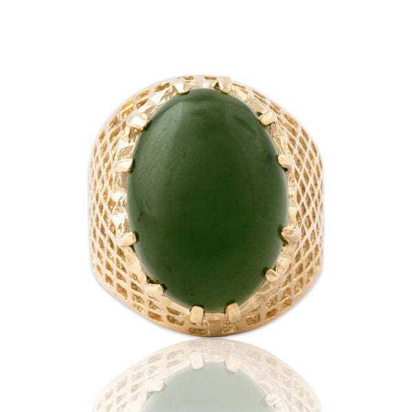 Vintage Large 14k Yellow Gold 9.78ct Jade Bold Basketweave Cabochon Ring 6.50