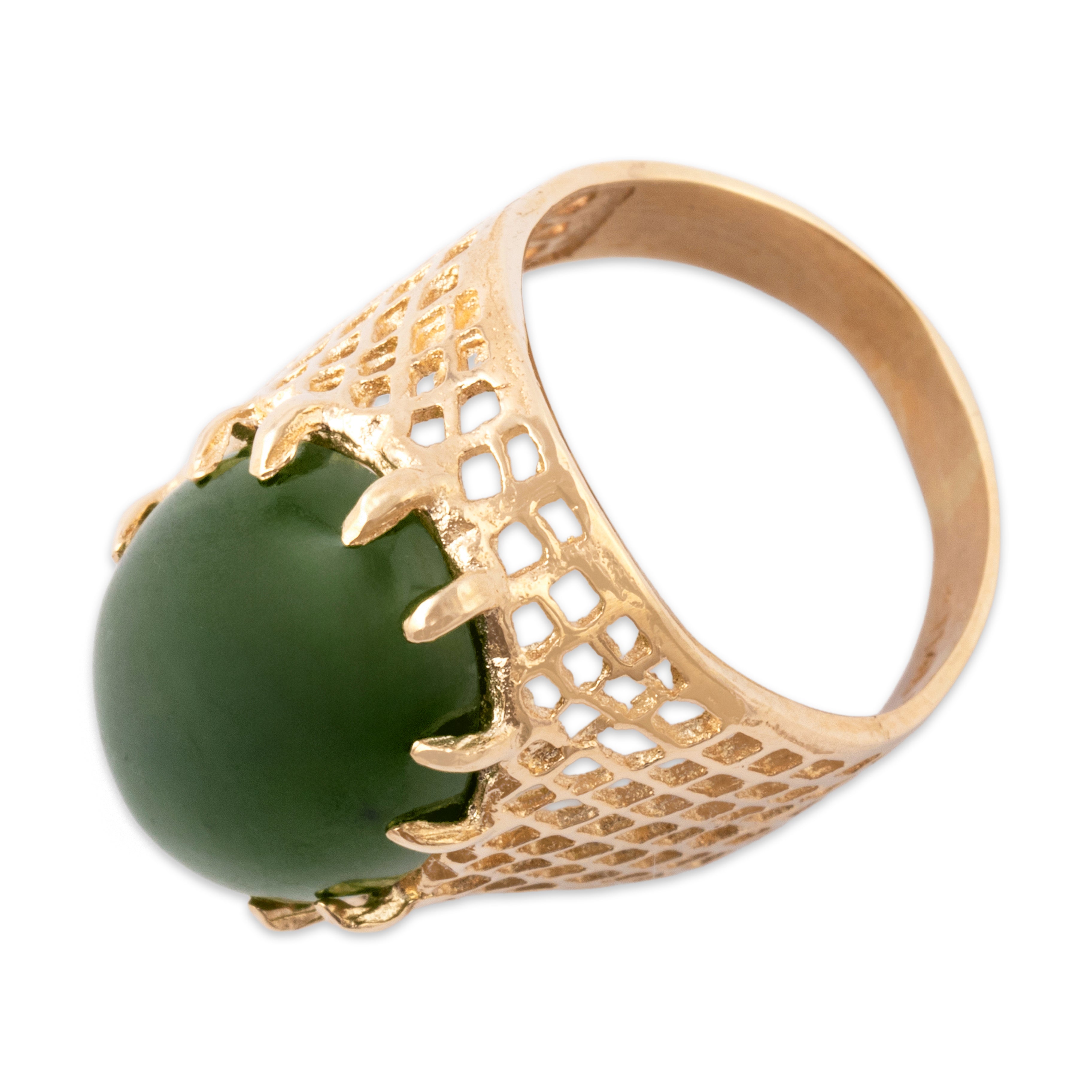 Vintage Large 14k Yellow Gold 9.78ct Jade Bold Basketweave Cabochon Ring 6.50