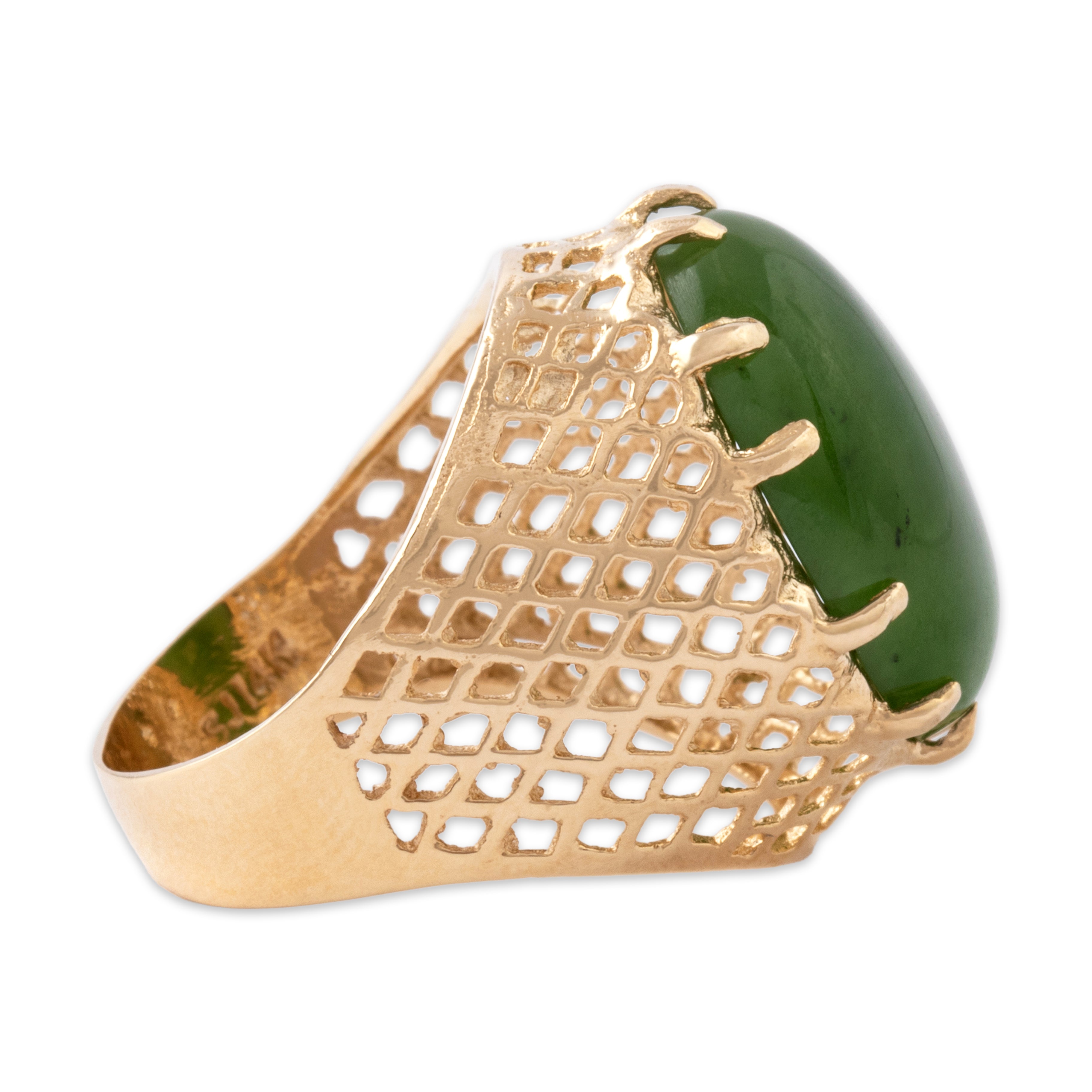 Vintage 14k Yellow Gold 9.78ct Jade Bold Basketweave Cabochon Ring - Side view