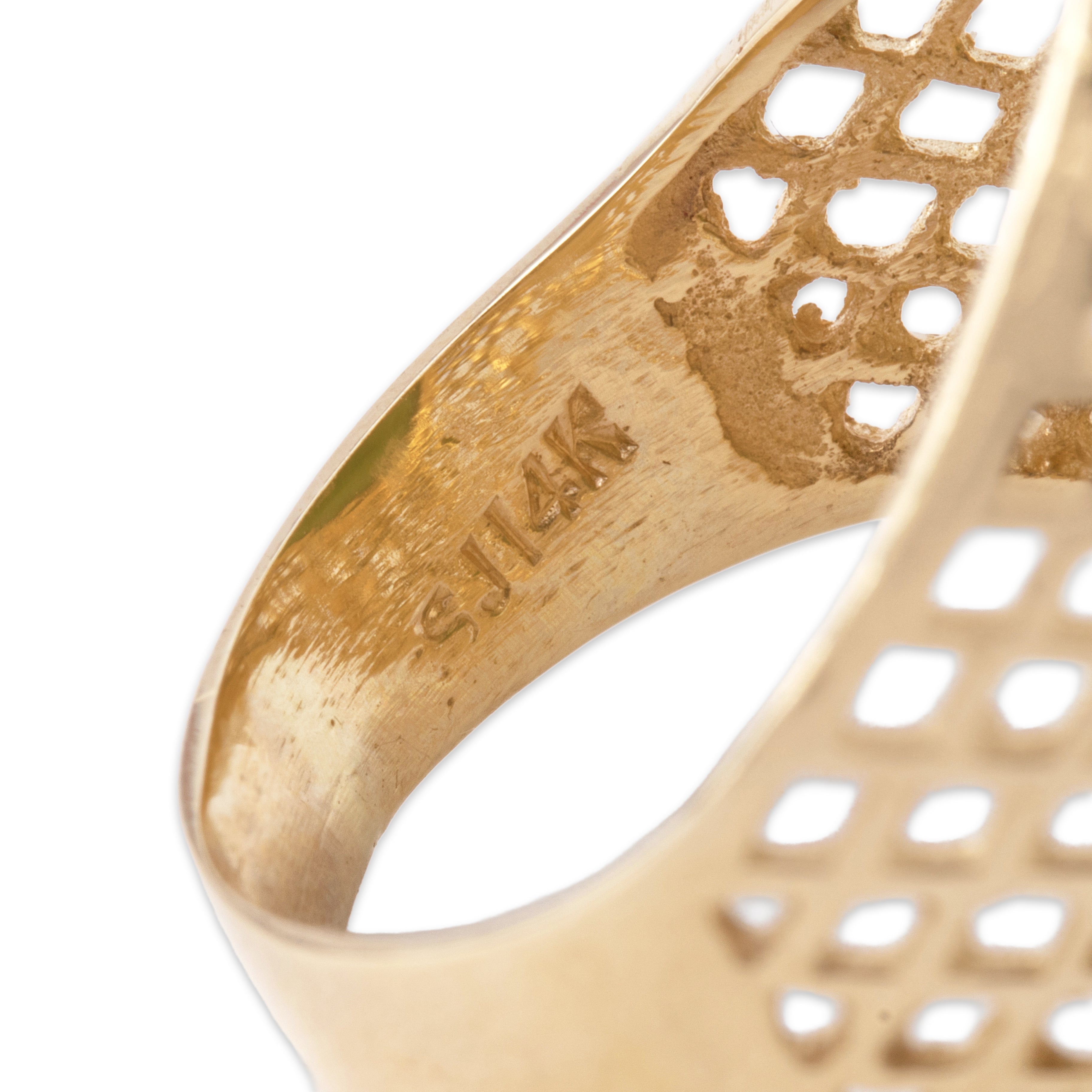 Vintage 14k Yellow Gold 9.78ct Jade Bold Basketweave Cabochon Ring - Hallmark view