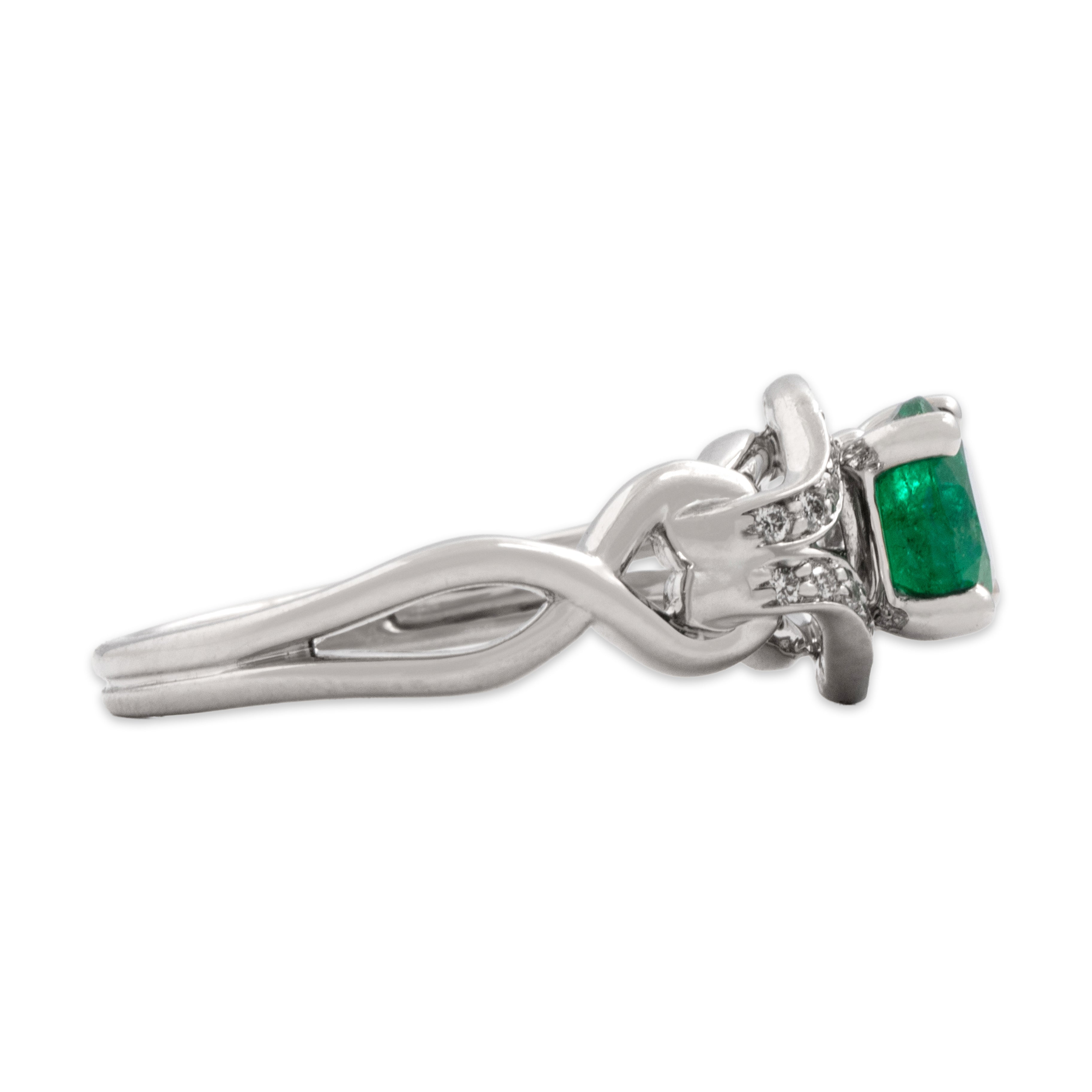 Estate 14k White Gold .78ct Emerald Diamond Chic Artistic Interlocked Ring - Side view