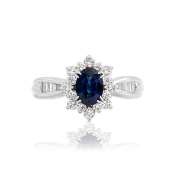 Vintage 14k White Gold 1.04ct Blue Sapphire .54cttw Diamond Halo Ring 7.50