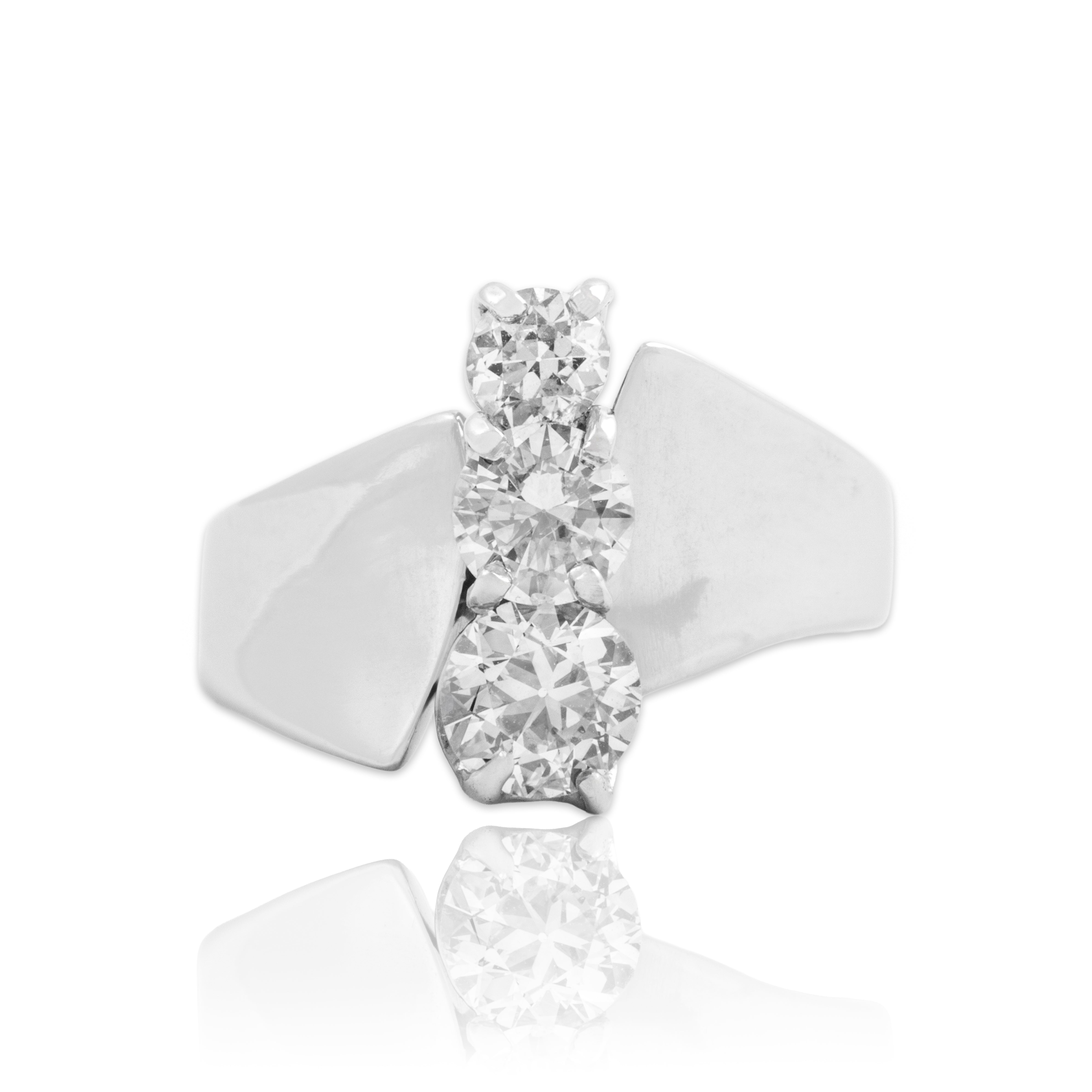 Vintage 14k White Gold 1.21cttw Old European Cut Diamond Fantastic Triple Stack Flared Shoulder Ring - Close-up view