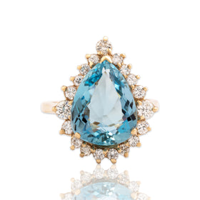 Vintage 14k Yellow Gold 4.16ct Aquamarine .61cttw Diamond Teardrop Halo Ring 5.50
