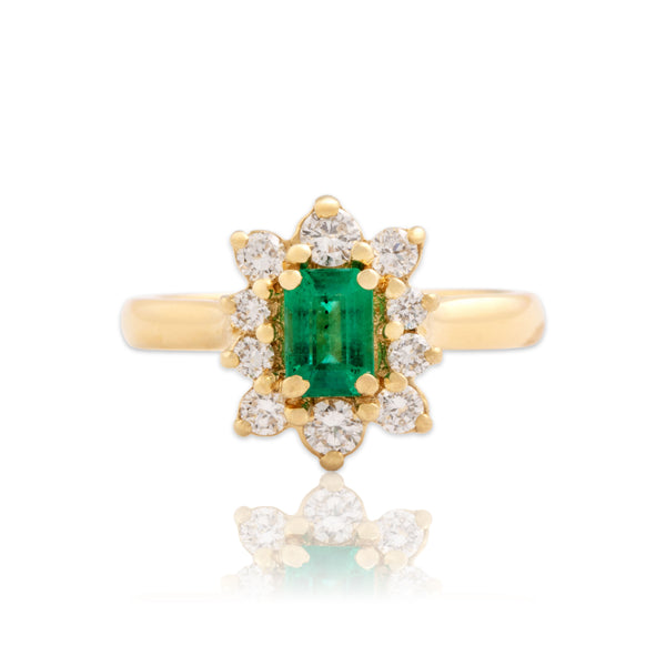 Vintage Dutch 18k Yellow Gold Emerald Diamond Superb Halo Ring 6.00