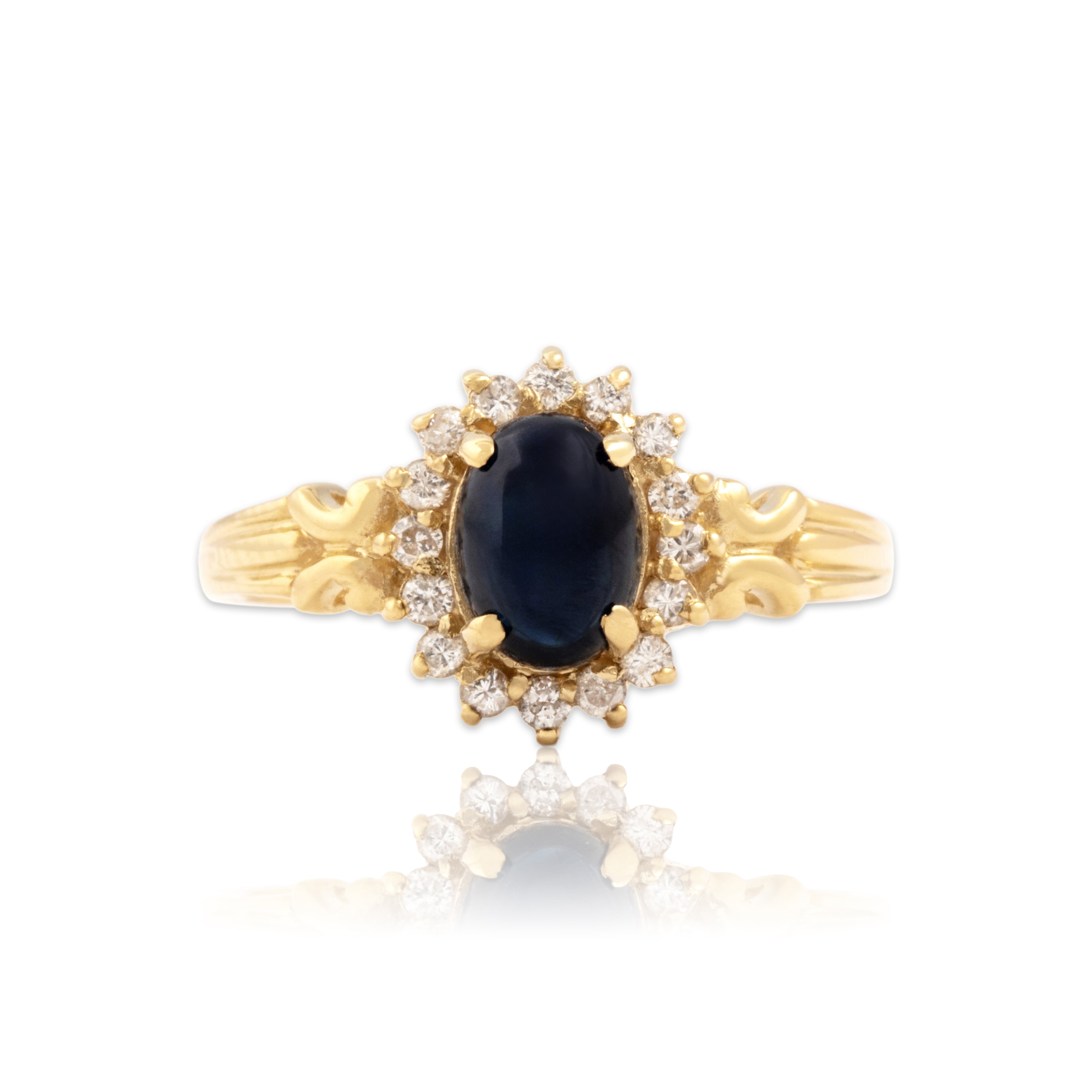 Vintage 18k Yellow Gold 1.56ct Blue Sapphire Diamond Cabochon Halo Ring 6.25