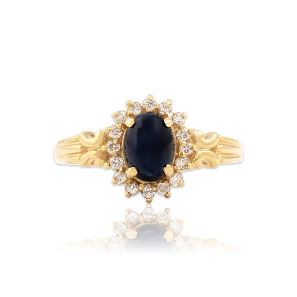 Vintage 18k Yellow Gold 1.56ct Blue Sapphire Diamond Cabochon Halo Ring 6.25