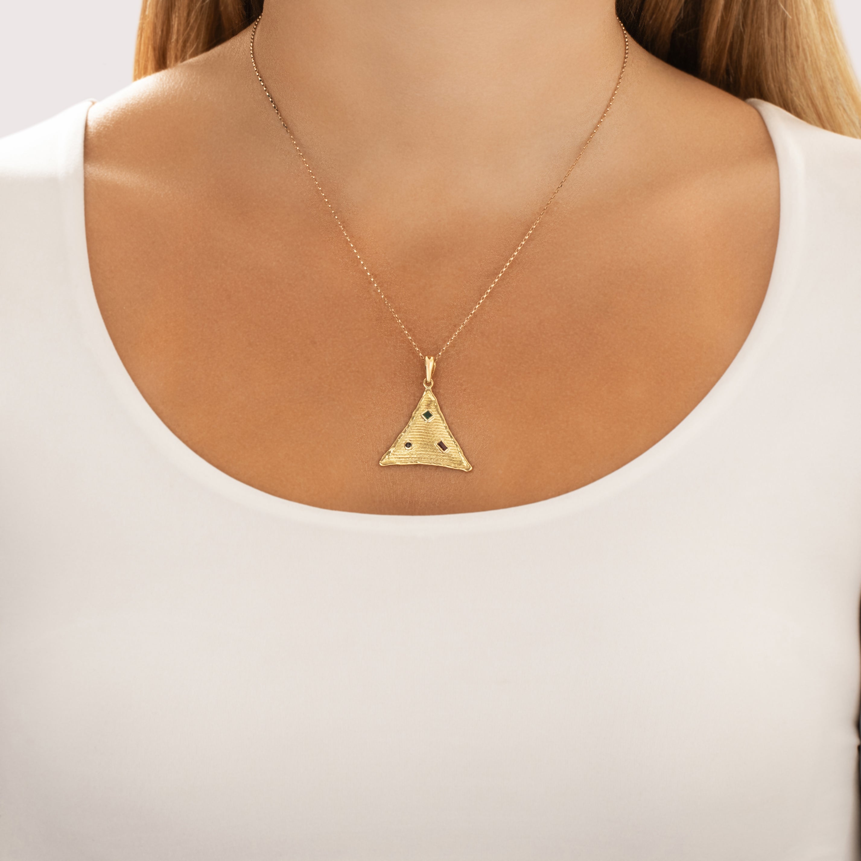 Vintage 18k Yellow Gold Synthetic Ruby Natural Emerald Blue Natural Sapphire Triangle Pendant - On model view