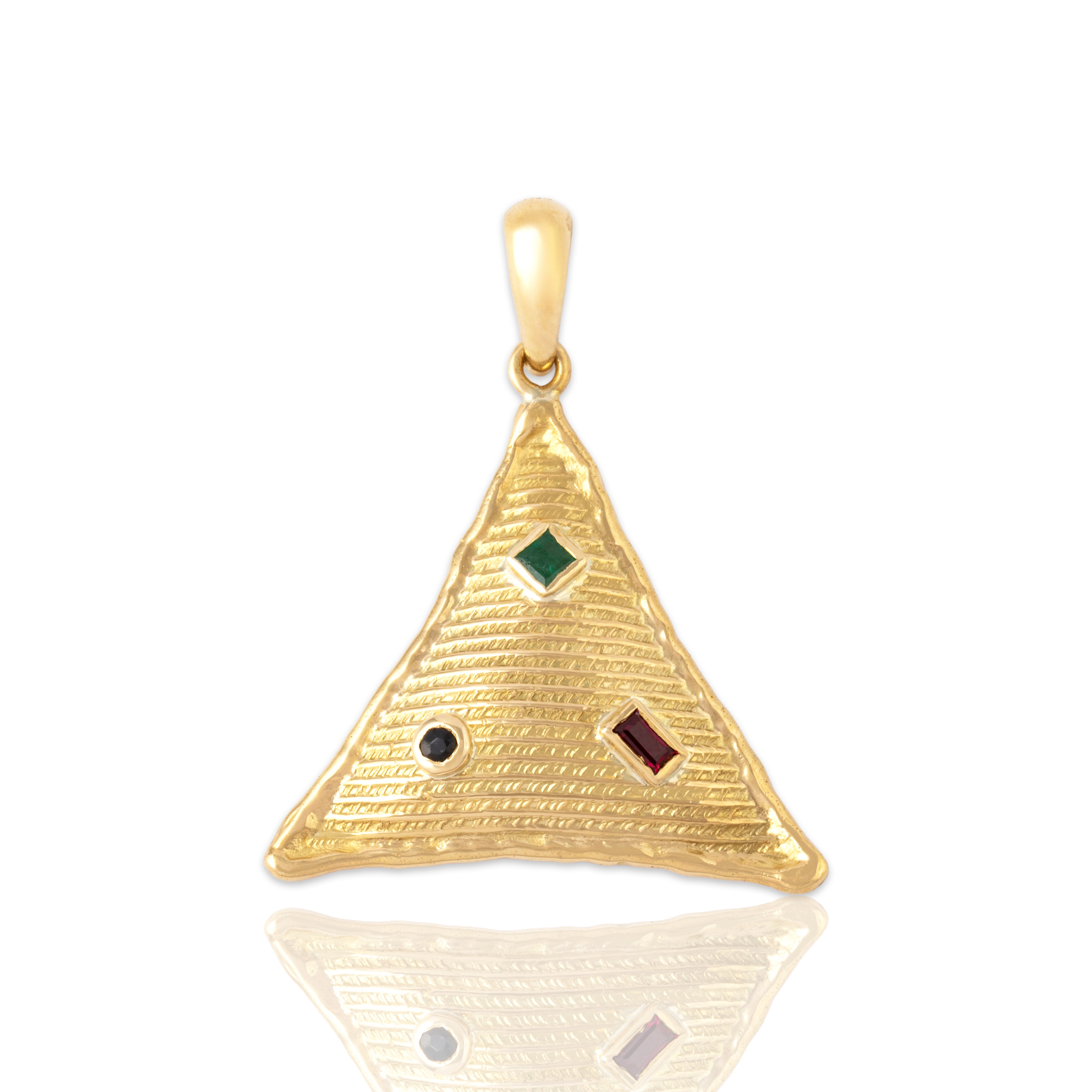 Vintage 18k Yellow Gold Synthetic Ruby Natural Emerald Blue Natural Sapphire Triangle Pendant - Close-up view