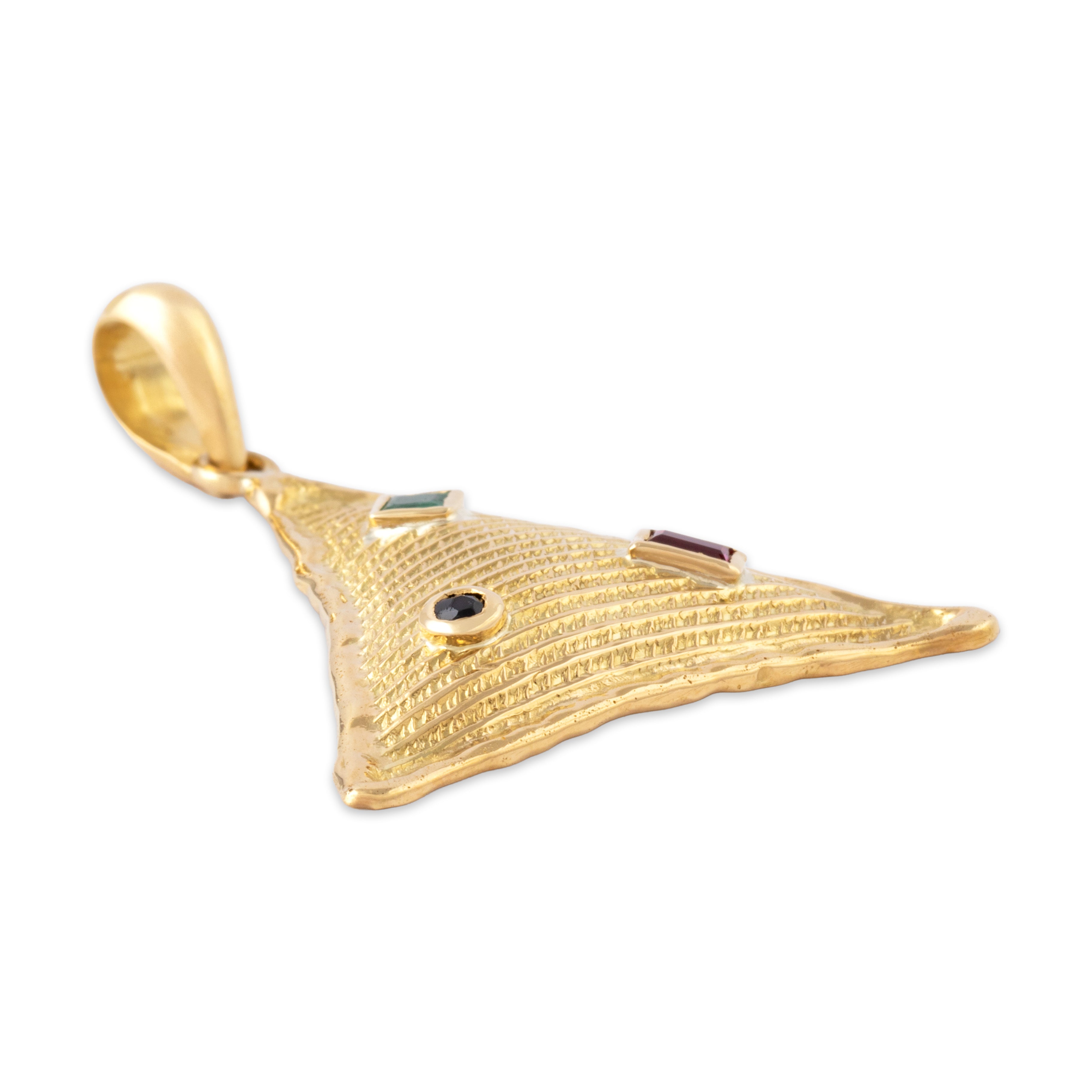 Vintage 18k Yellow Gold Synthetic Ruby Natural Emerald Blue Natural Sapphire Triangle Pendant - Side view