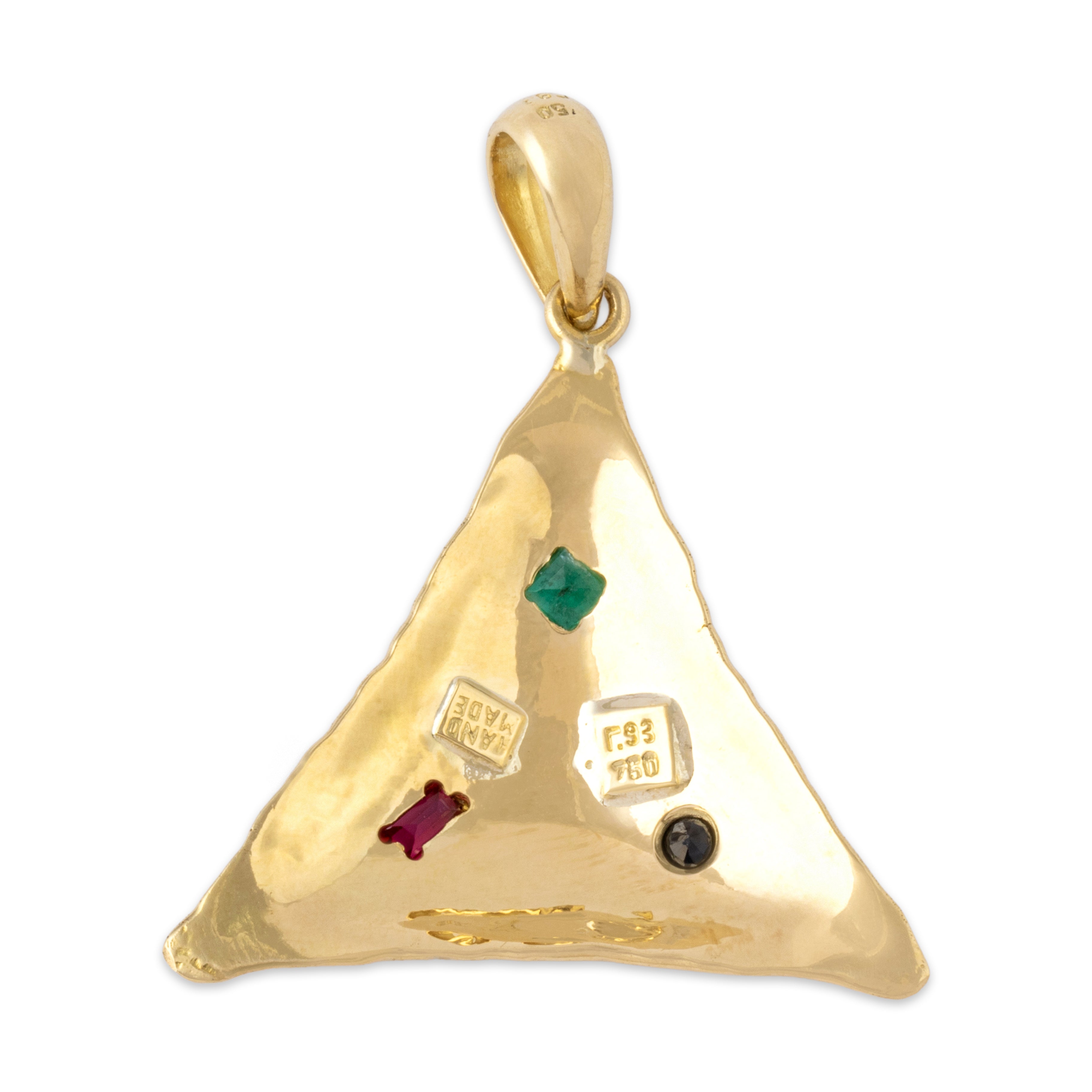 Vintage 18k Yellow Gold Synthetic Ruby Natural Emerald Blue Natural Sapphire Triangle Pendant - Back view