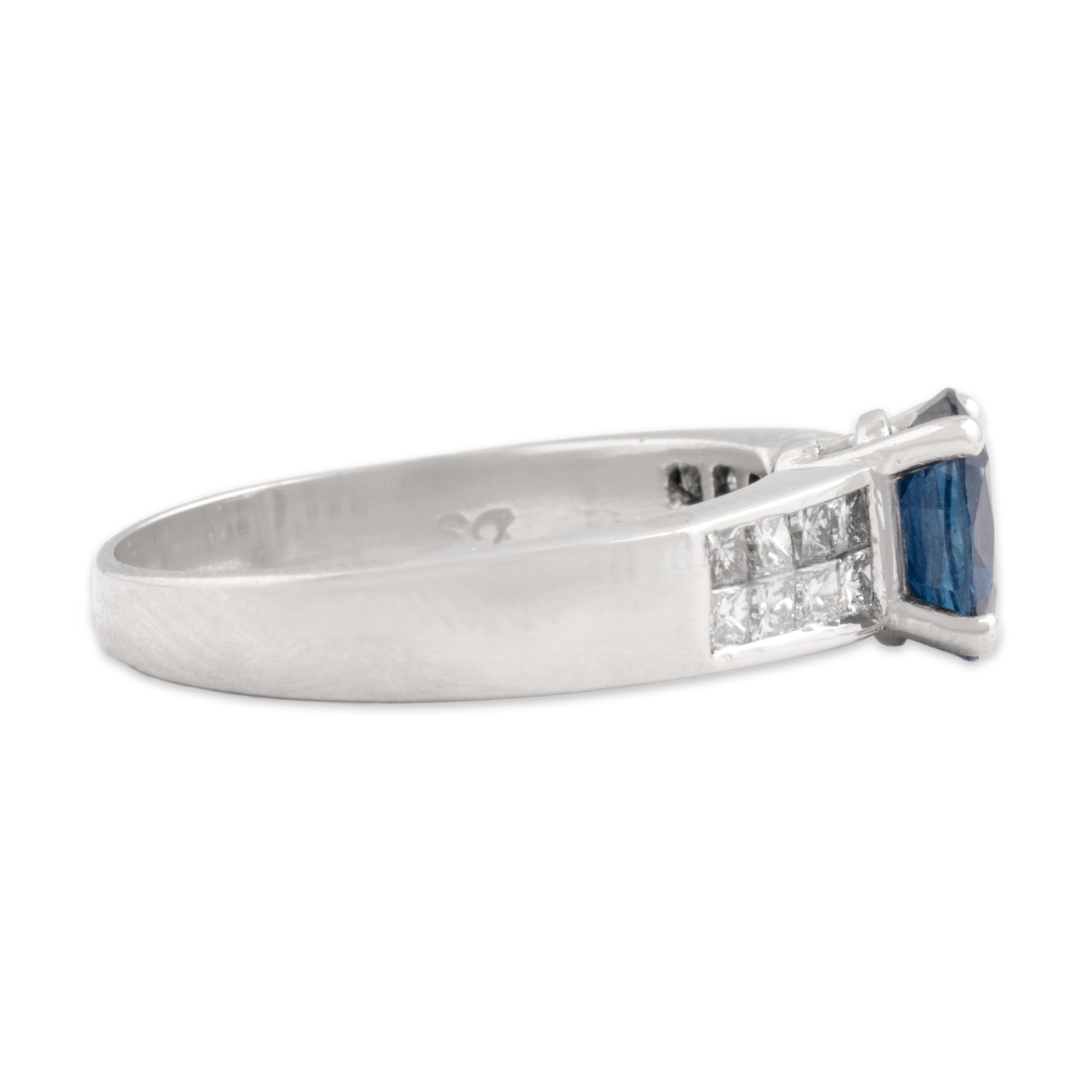 Vintage Platinum 1.19ct Blue Sapphire Diamond Stunning Princess-Cut Shoulder Ring - Side view