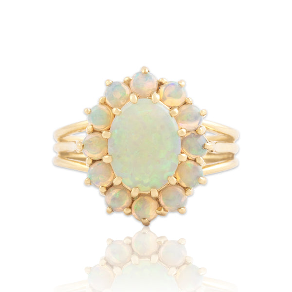 Vintage 14k Yellow Gold 1.41cttw Opal Fantastic Iridescent Oval Halo Ring - Close-up view