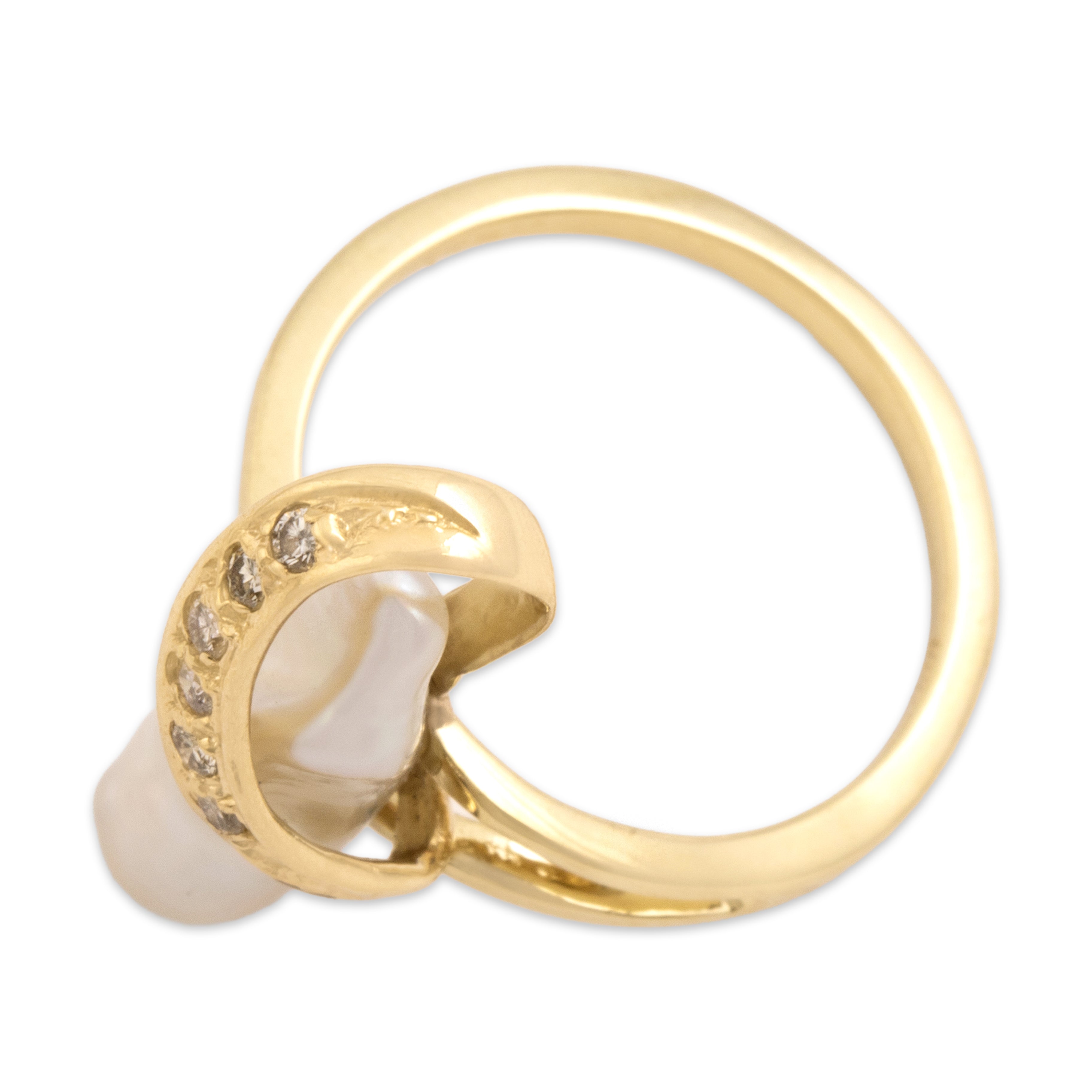 Vintage 14k Yellow Gold Diamond Baroque Pearl Lustrous Loop Ring - Overall view