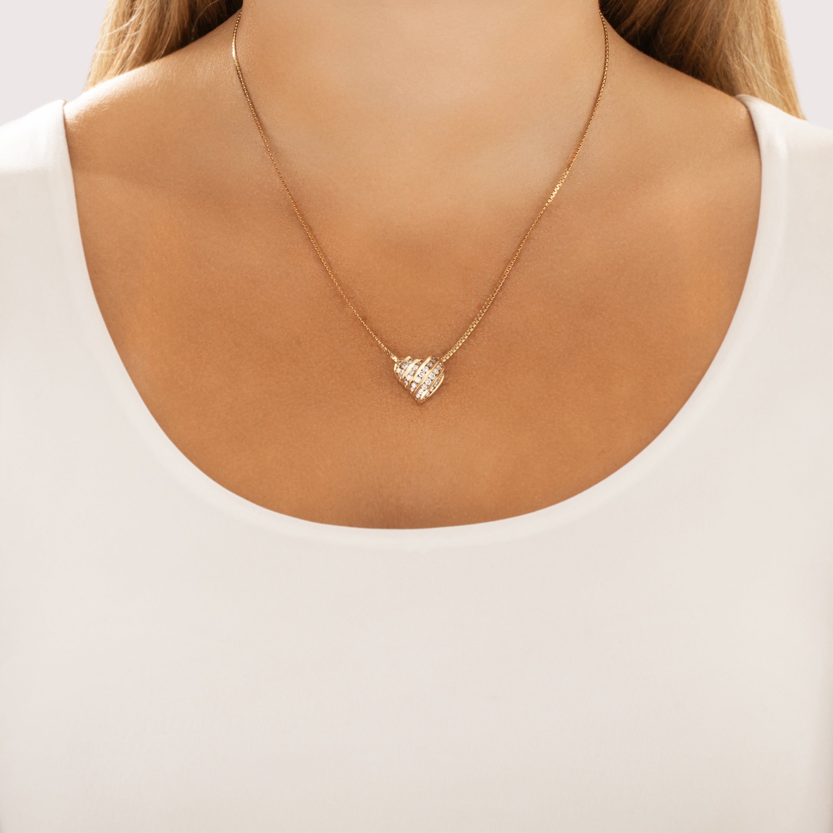 Vintage 14k Yellow Gold .75cttw Diamond Chain Channel Heart Necklace - On model view