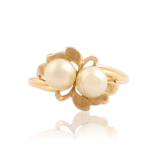 Vintage 14k Yellow Gold Pearl Lovely Luminous Textured Duo Ring 8.00
