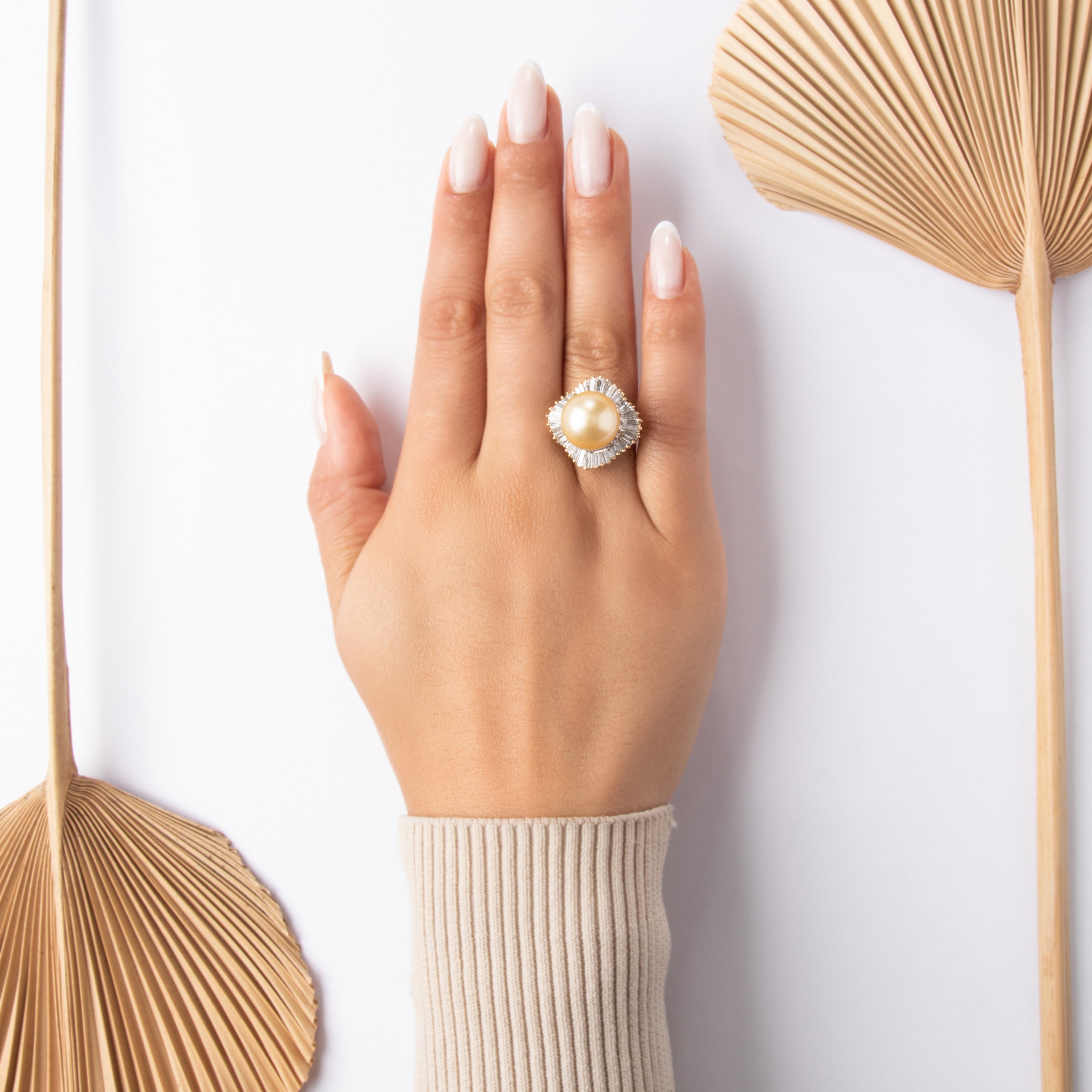 Vintage 18k Yellow Gold Golden Pearl 1.34cttw Diamond Oversized Exceptional Ballerina Halo Cocktail Ring - On model view