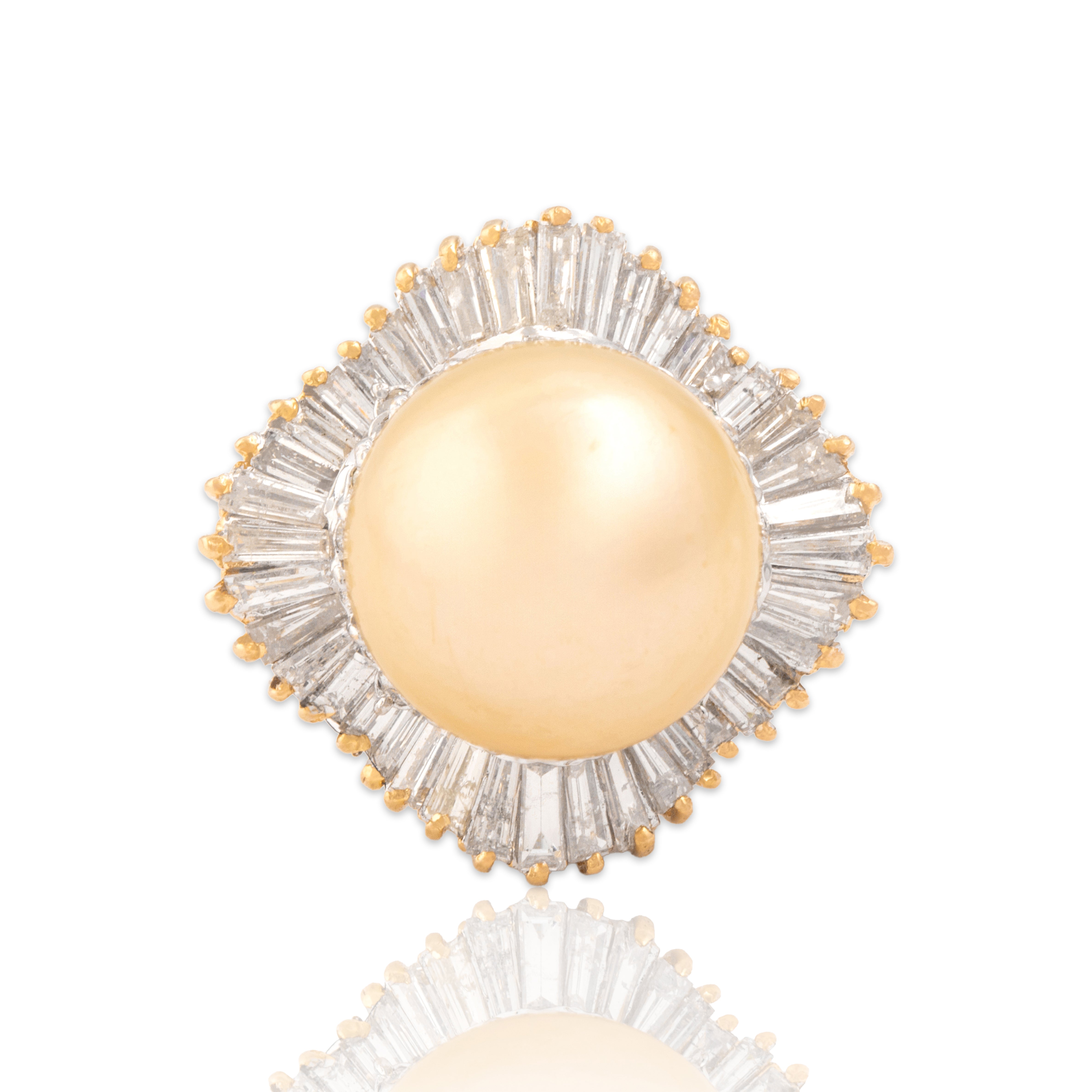 Vintage 18k Yellow Gold Golden Pearl 1.34cttw Diamond Oversized Exceptional Ballerina Halo Cocktail Ring - Close-up view