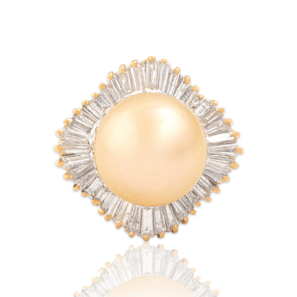 Vintage 18k Yellow Gold Golden Pearl 1.34cttw Diamond Halo Cocktail Ring 8.00