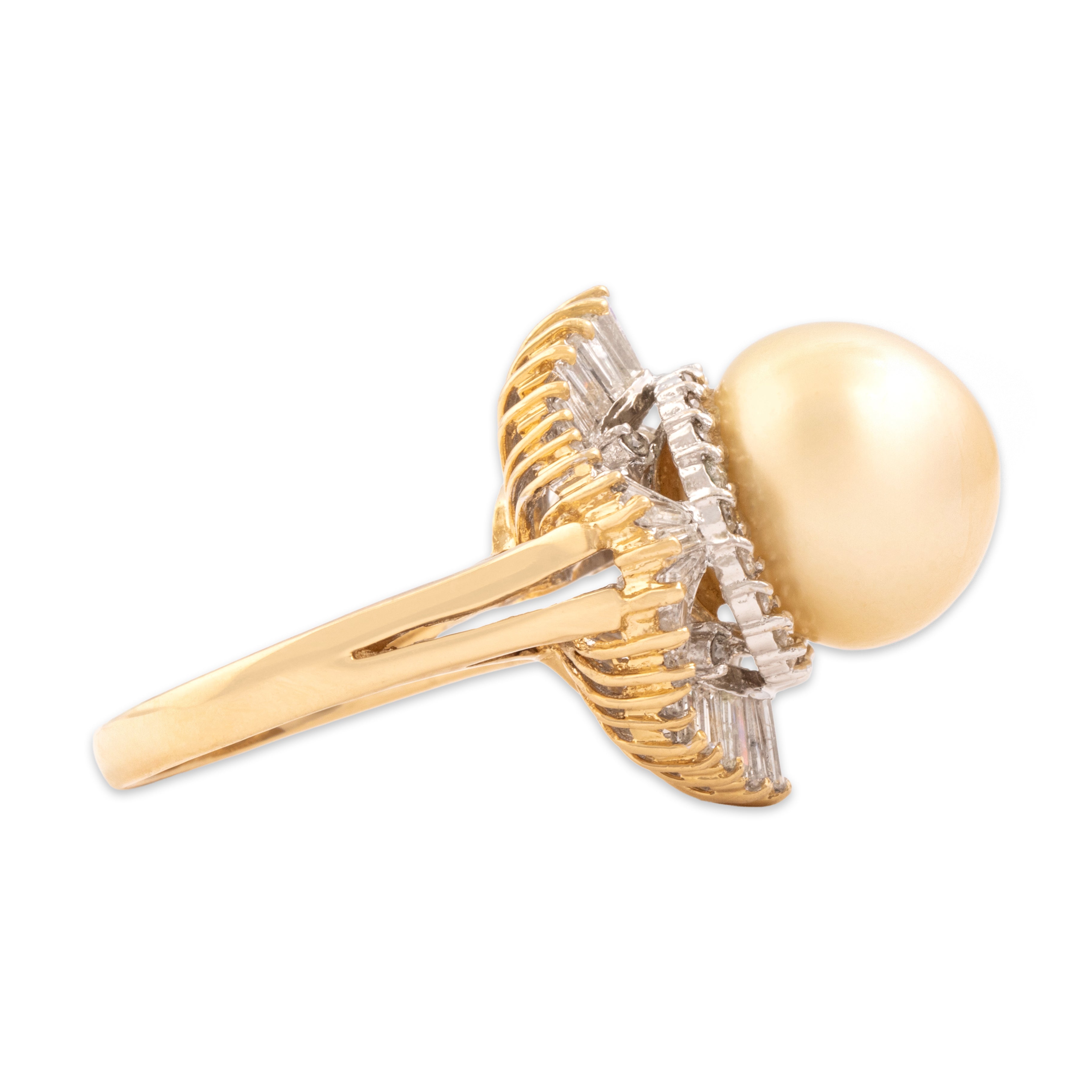 Vintage 18k Yellow Gold Golden Pearl 1.34cttw Diamond Oversized Exceptional Ballerina Halo Cocktail Ring - Side view