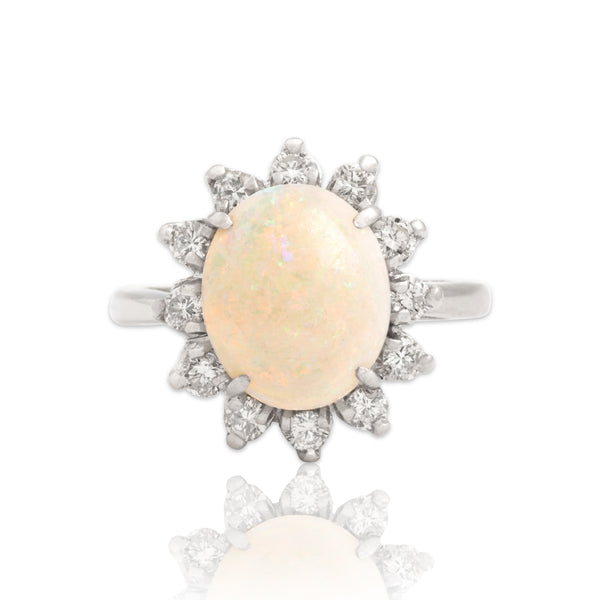 Vintage 14k White Gold 1.71ct Opal Diamond Glistening Halo Ring - Close-up view