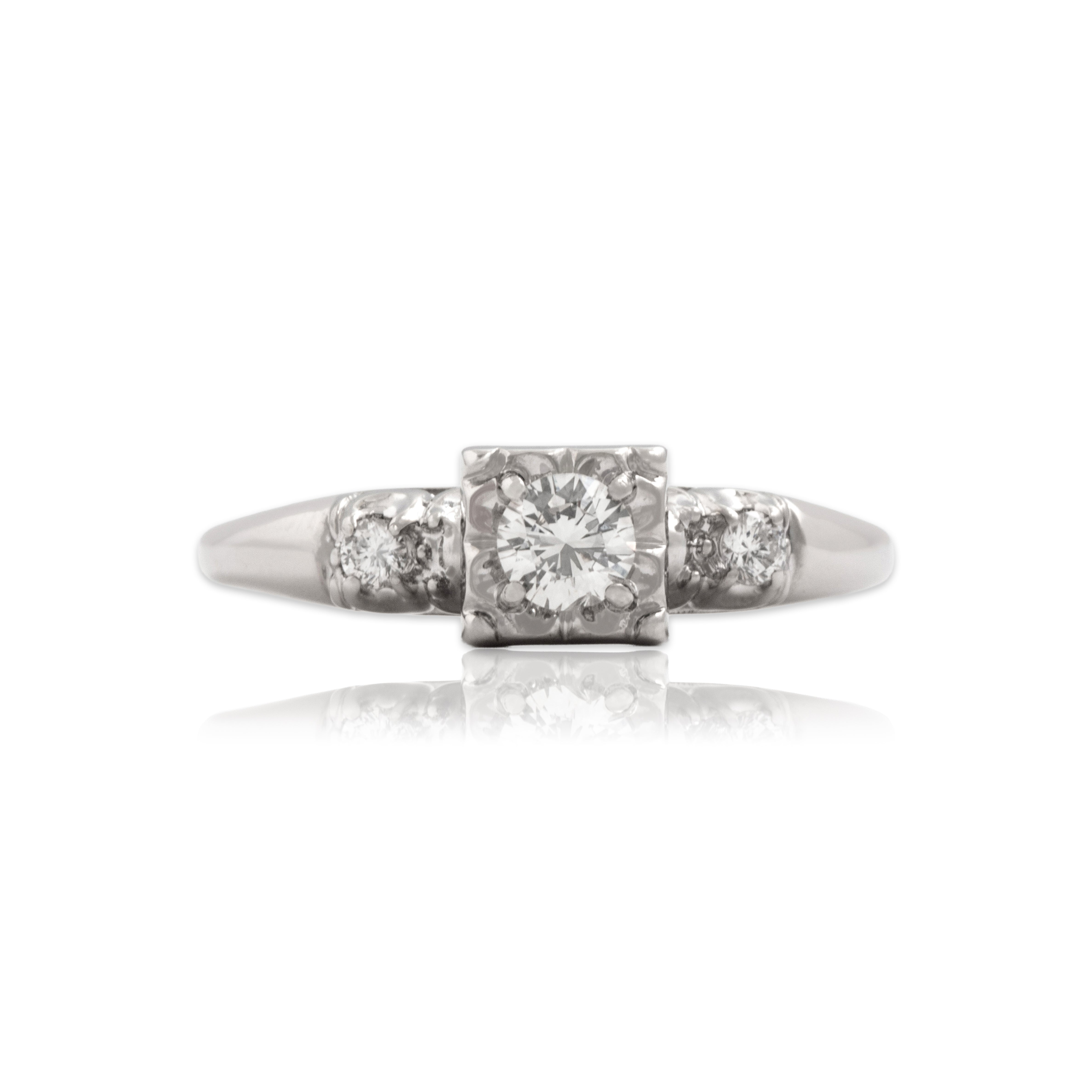 Vintage 14k White Gold Diamond Classic Gleaming Square-Set Trio Ring - Close-up view