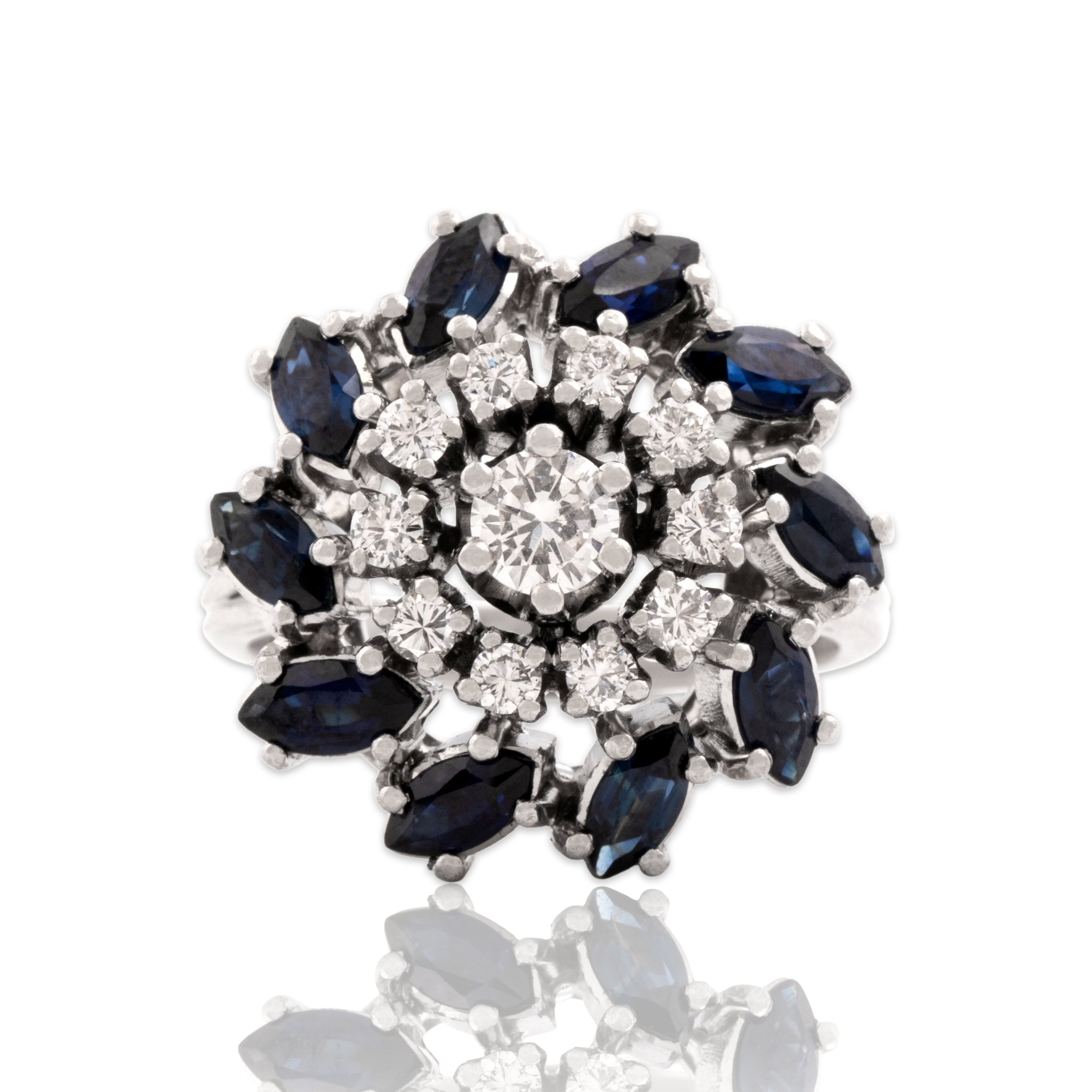 Vintage 18k White Gold 1.31cttw Blue Sapphire Diamond Bold Swirl Halo Ring 5.75