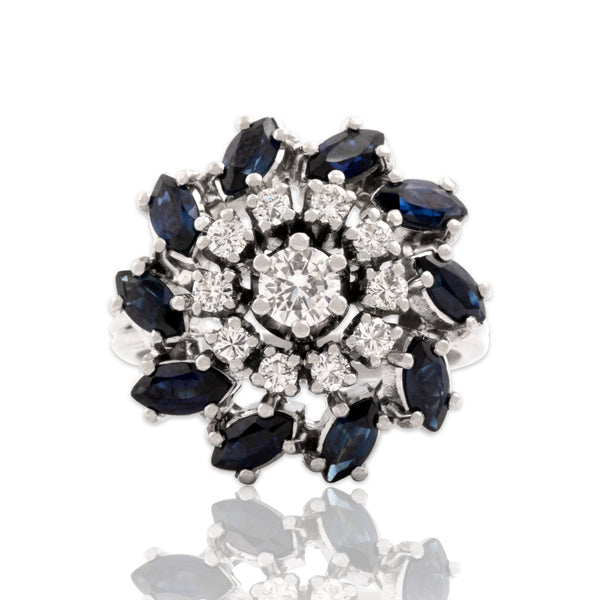 Vintage 18k White Gold 1.31cttw Blue Sapphire Diamond Bold Swirl Halo Ring 5.75