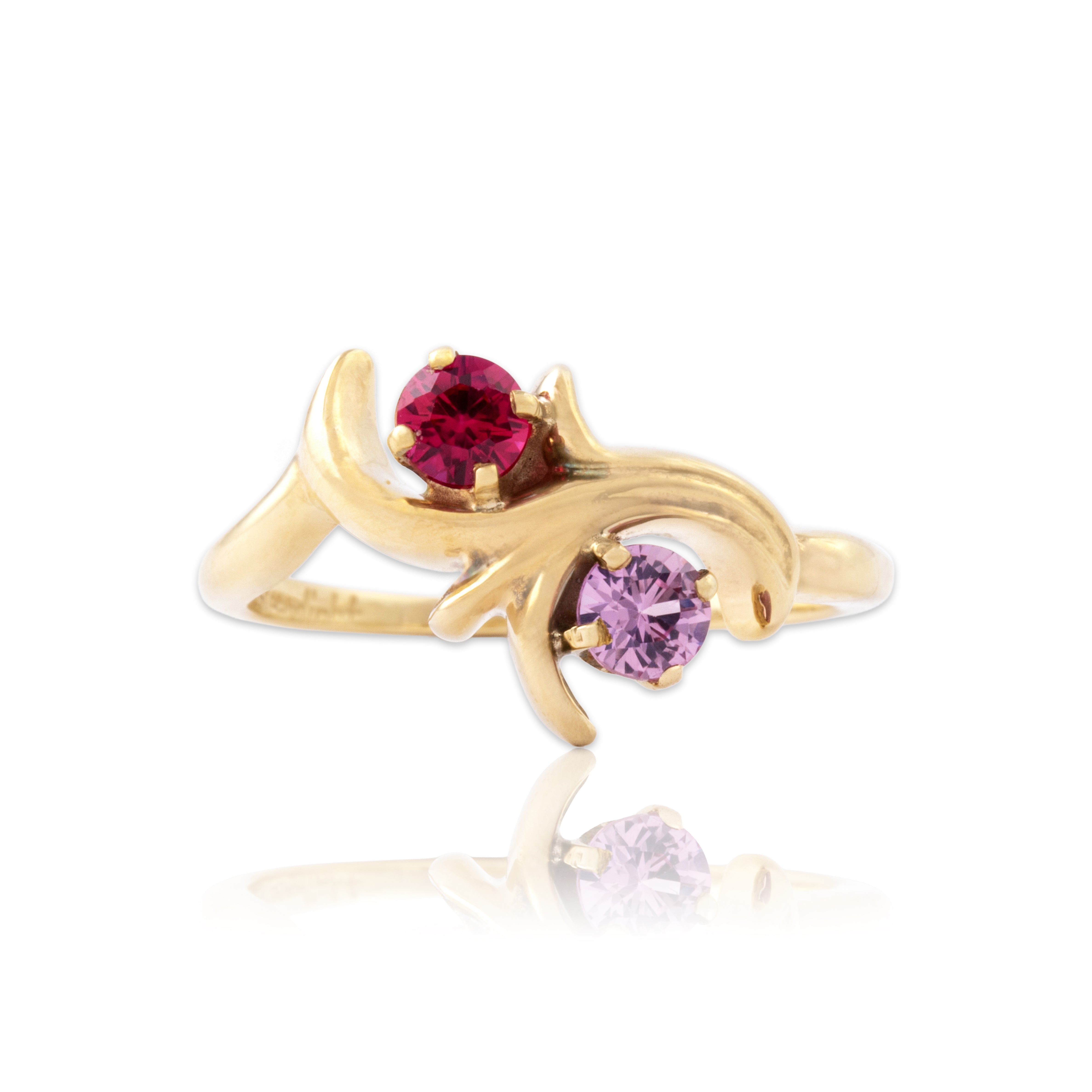 Vintage 14k Yellow Gold Pink Synthetic Sapphire Synthetic Ruby Duo Ring - Close-up view