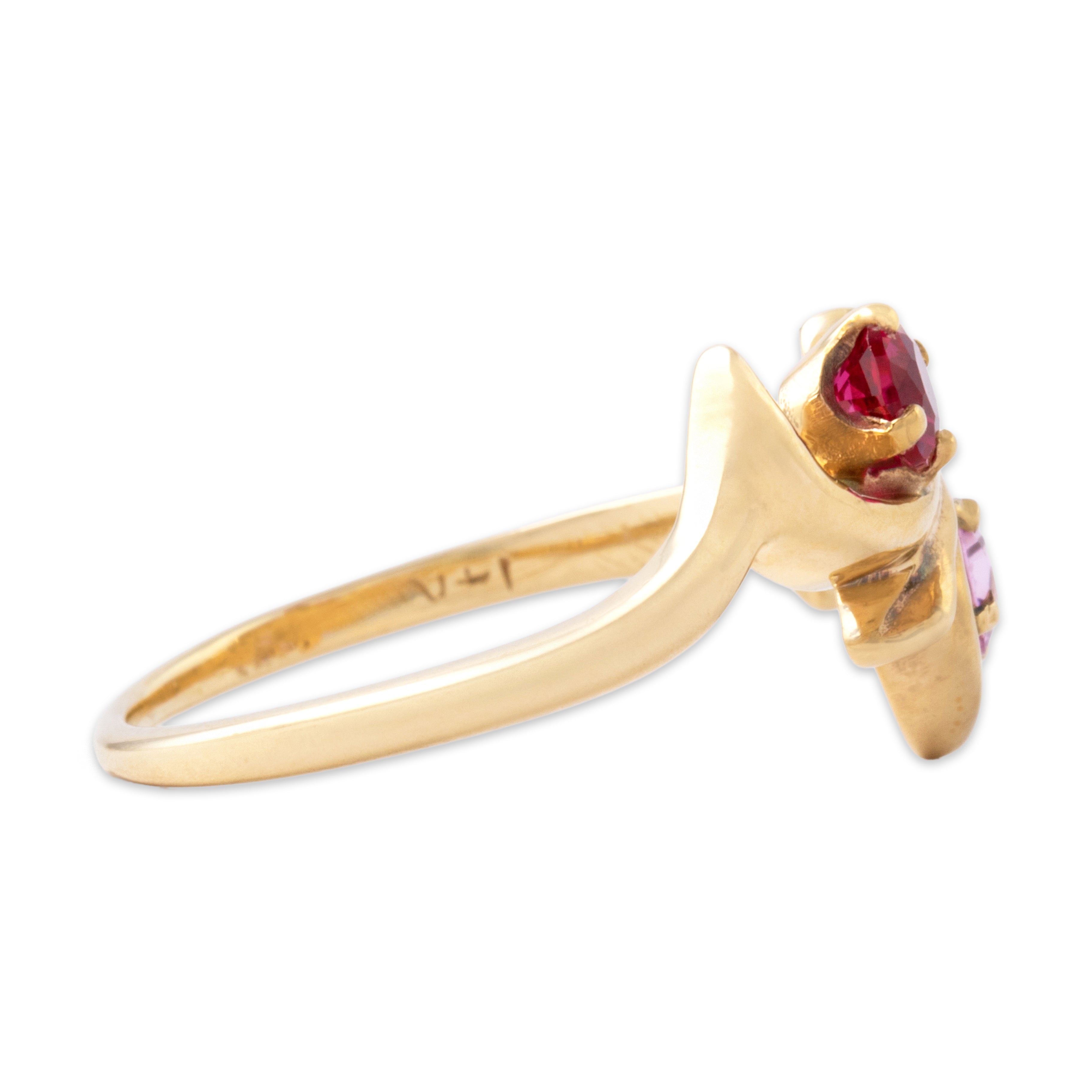 Vintage 14k Yellow Gold Pink Synthetic Sapphire Synthetic Ruby Duo Ring - Side view