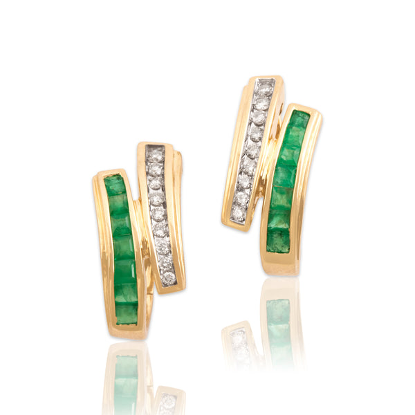 Vintage 14k Yellow Gold Emerald Diamond Chic Bypass Channel Hoop Earrings