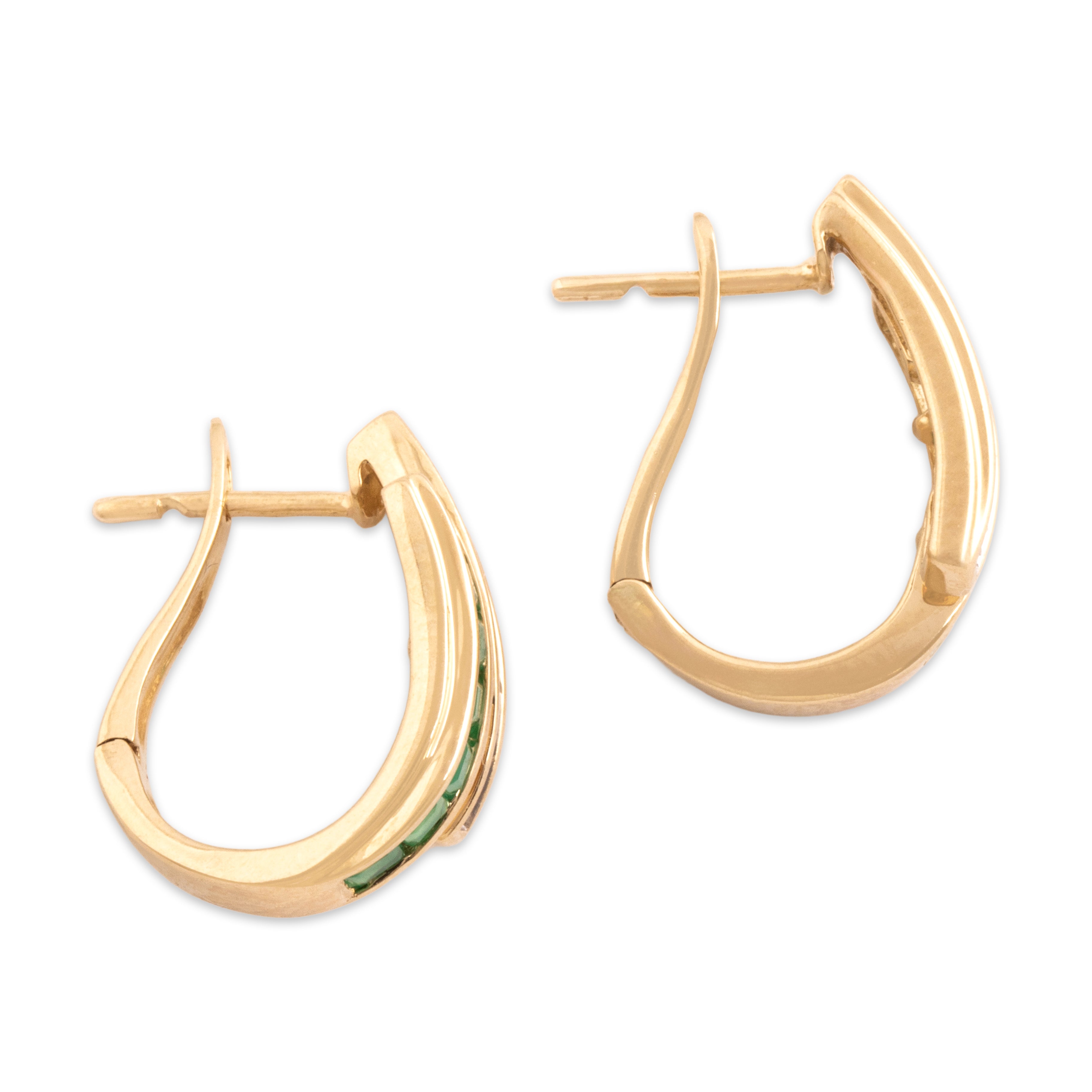 Vintage 14k Yellow Gold Emerald Diamond Chic Bypass Channel Hoop Earrings - Side view