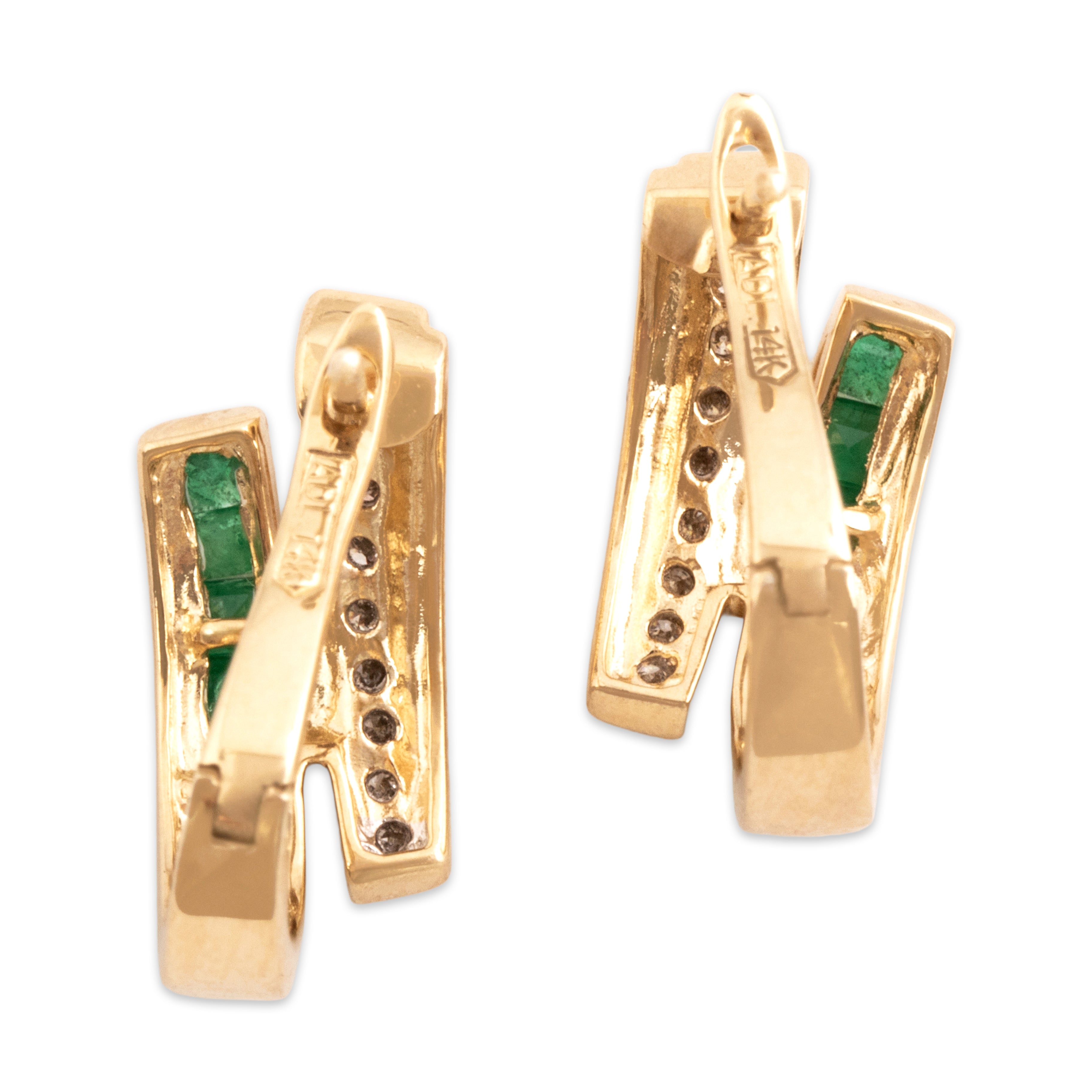 Vintage 14k Yellow Gold Emerald Diamond Chic Bypass Channel Hoop Earrings - Back view