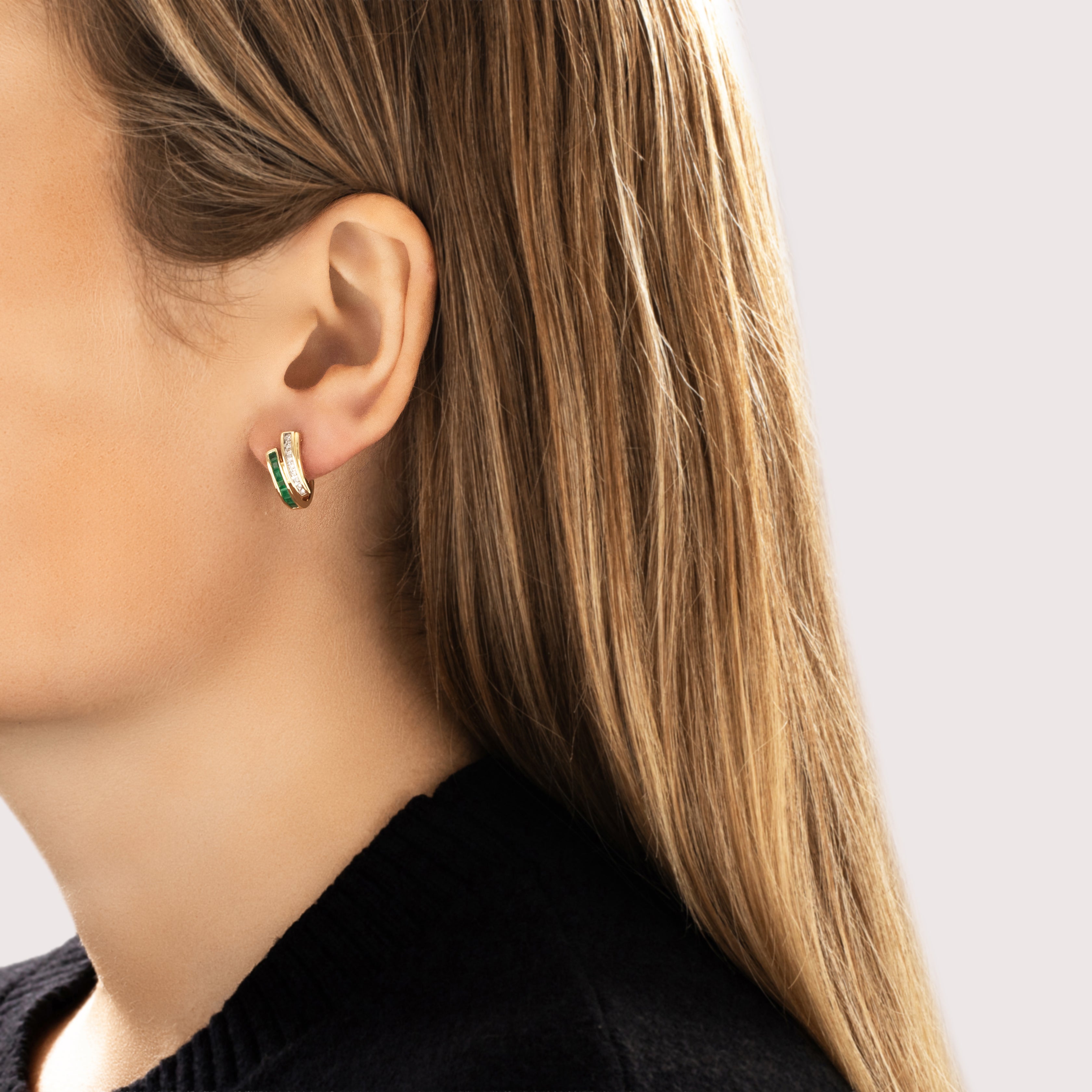 Vintage 14k Yellow Gold Emerald Diamond Chic Bypass Channel Hoop Earrings - On model view