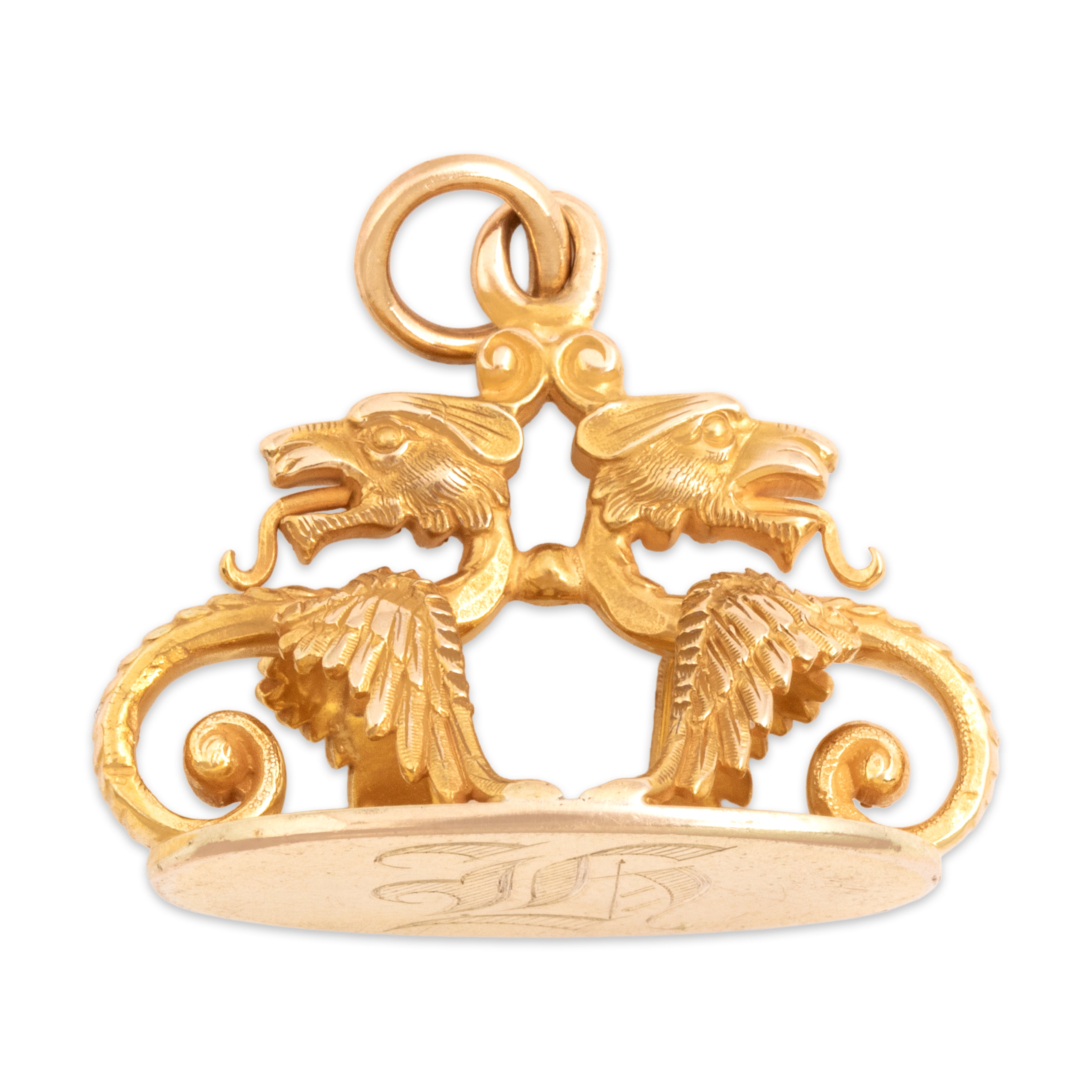 Antique Victorian 14k Yellow Gold Fantastic Figural Mystical Winged Dragon Fob Charm / Pendant - Overall view