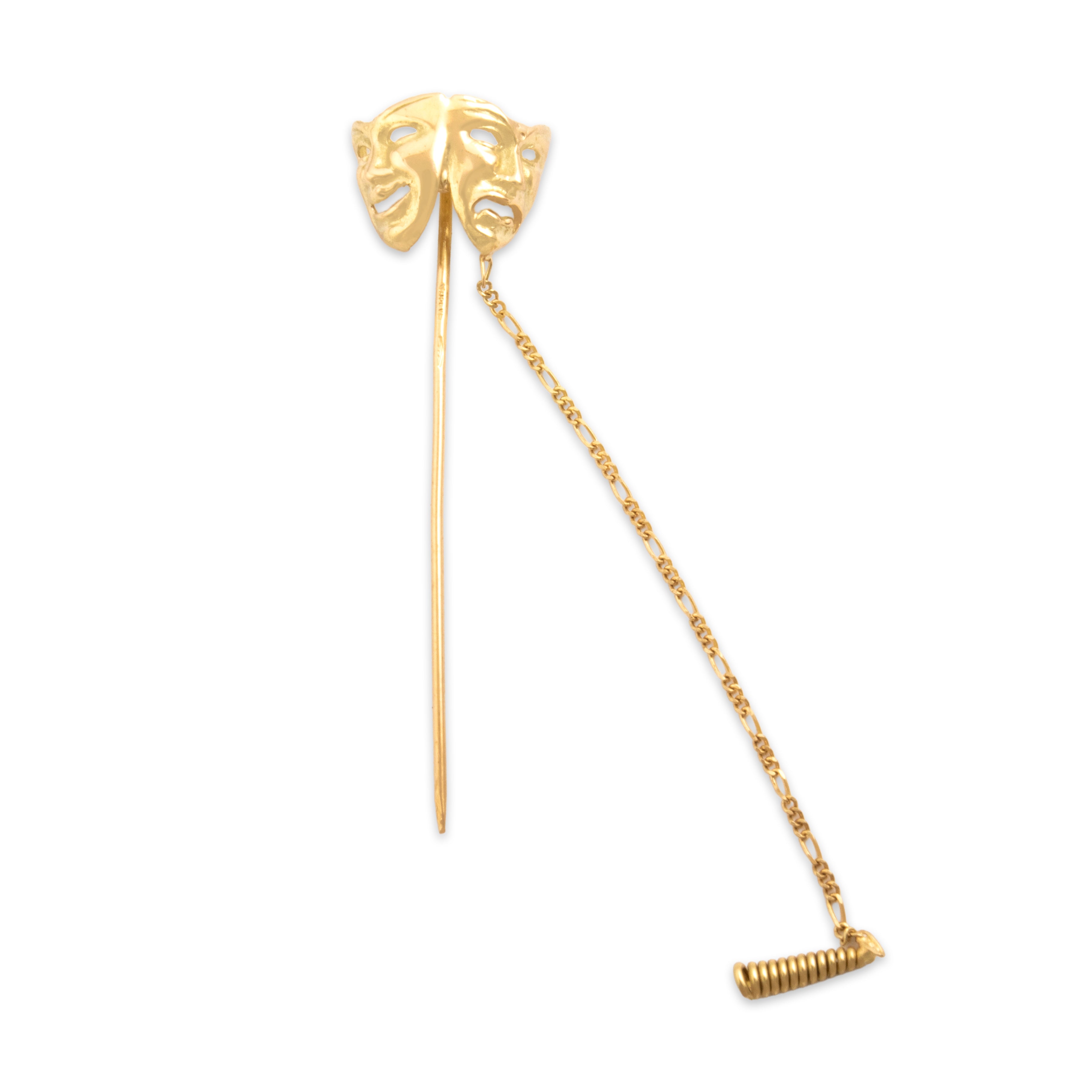 Vintage Italian 18k Yellow Gold Comedy Tragedy Drama Mask Stickpin Pin - Overall view