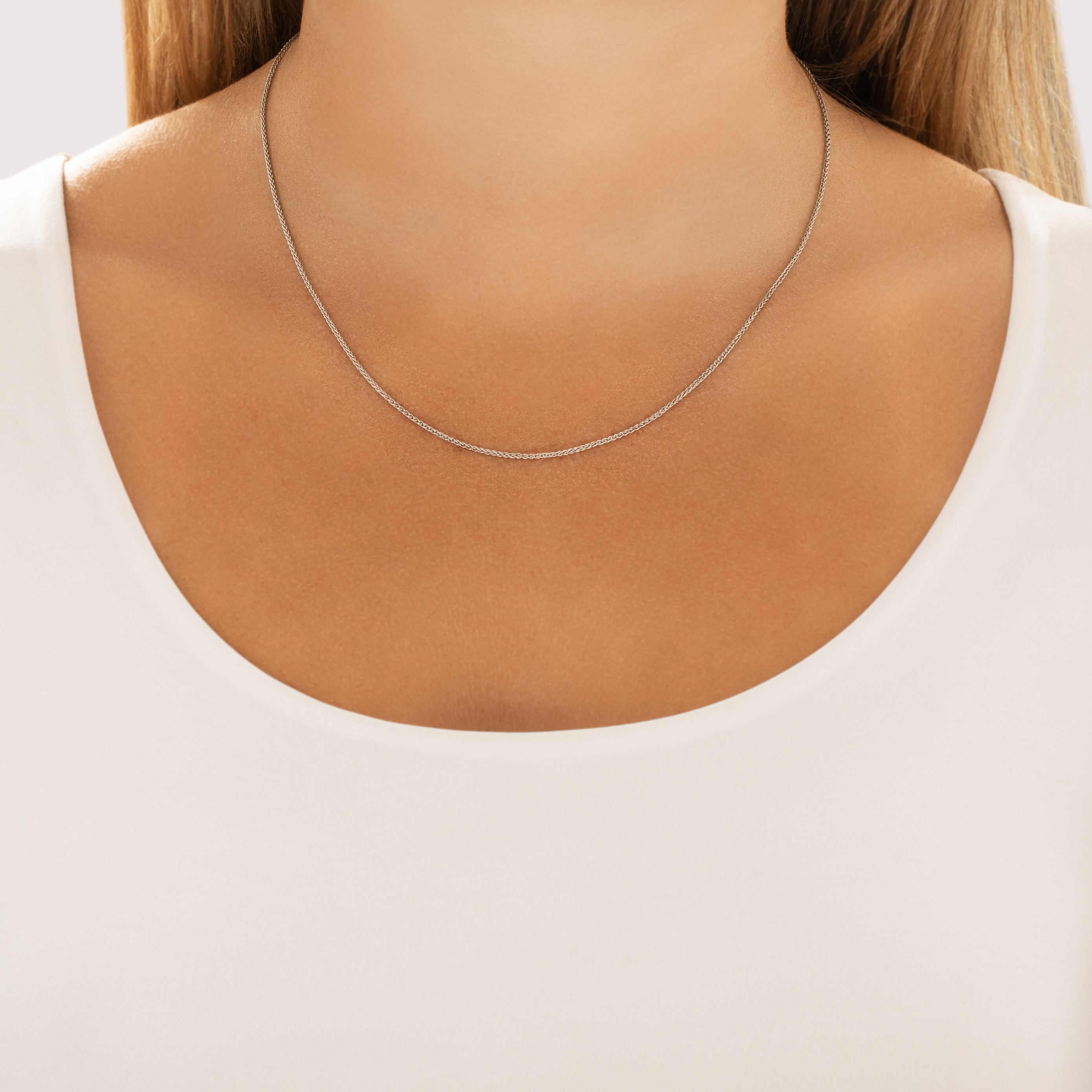Estate 14k White Gold 1.2mm Lovely Wheat Chain - On model view