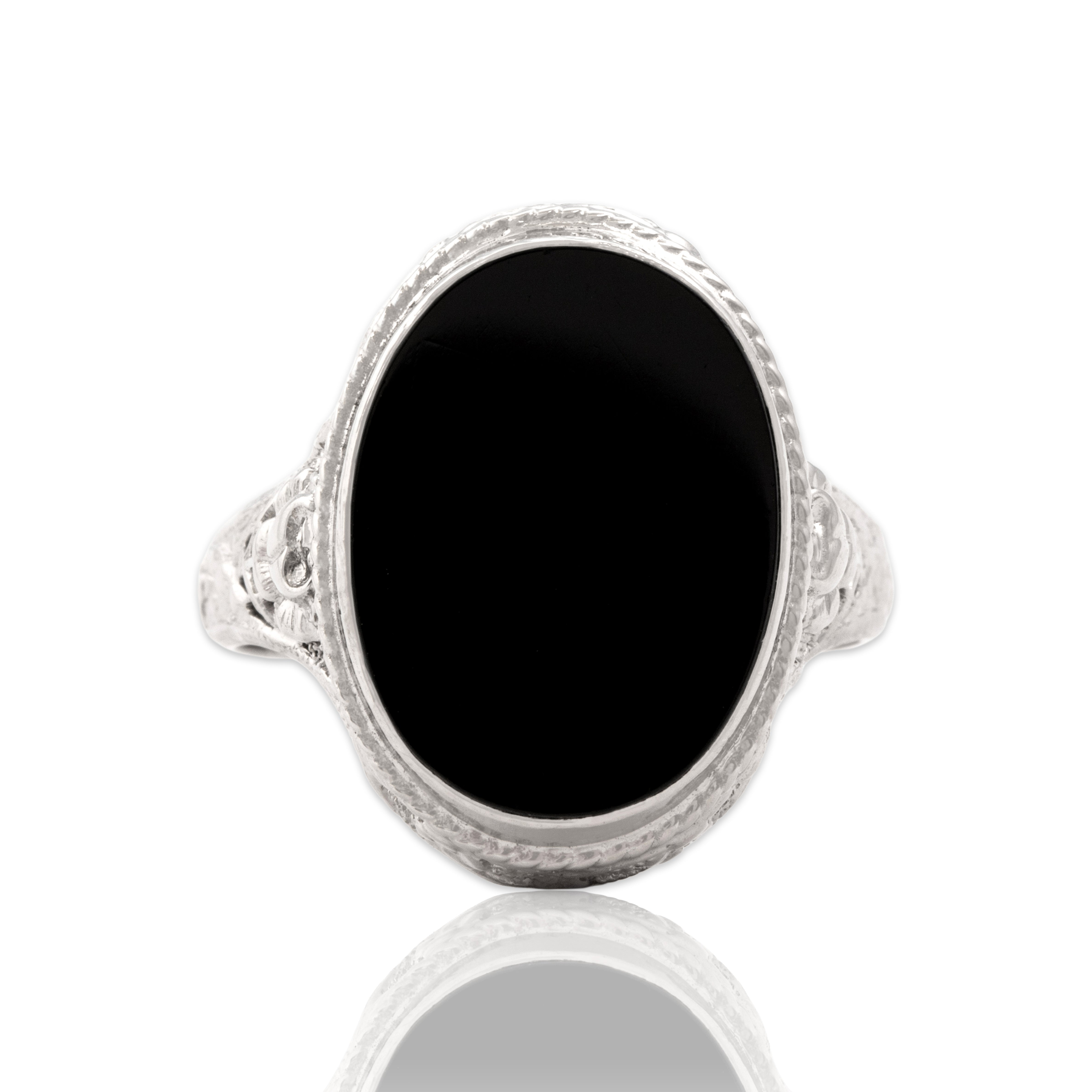 Antique 14k White Gold 2.71ct Onyx Ornate Blossom Detail Ring - Close-up view