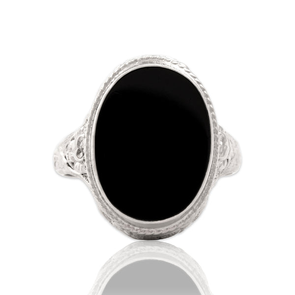 Antique 14k White Gold 2.71ct Onyx Ornate Blossom Detail Ring 6.25