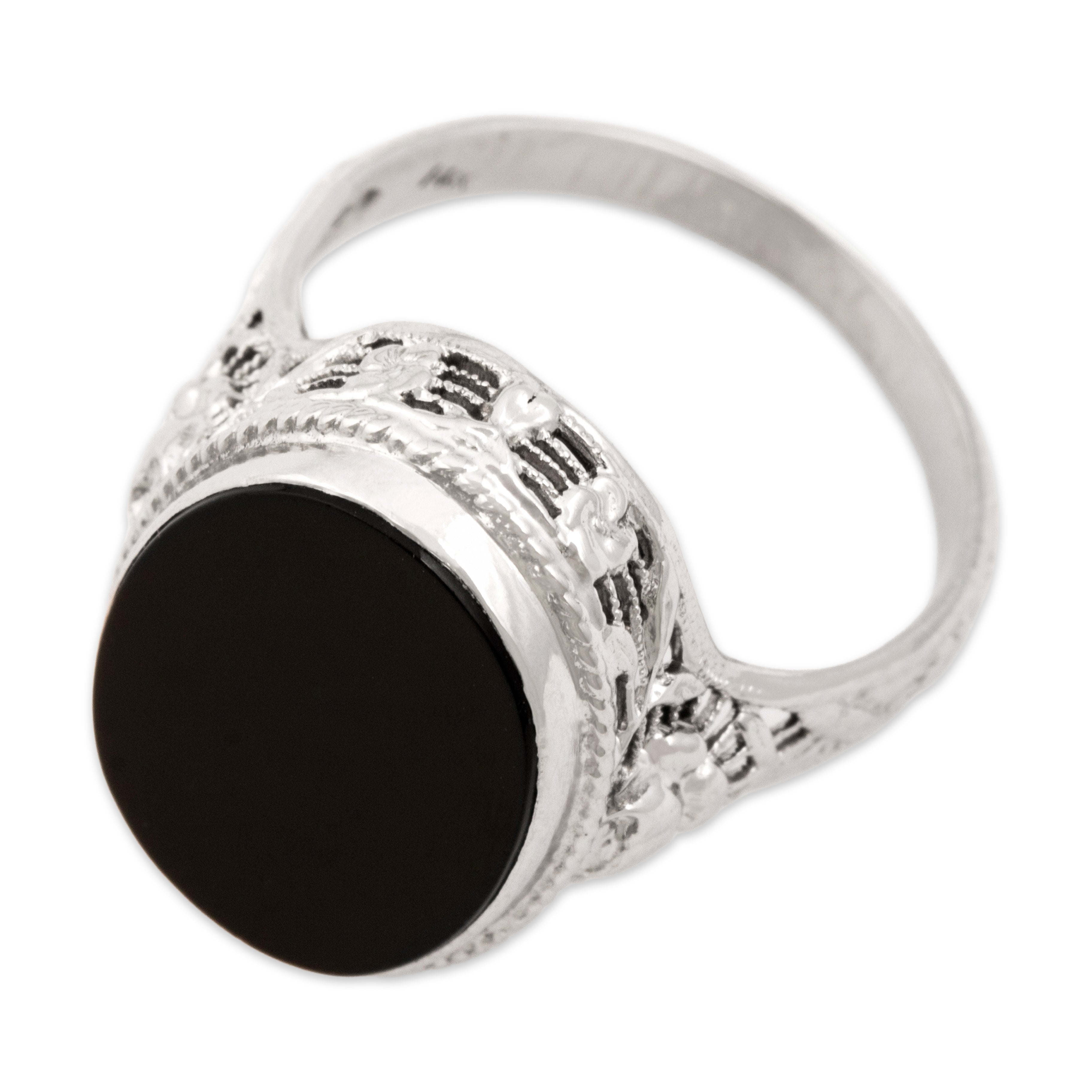 Antique 14k White Gold 2.71ct Onyx Ornate Blossom Detail Ring - Overall view